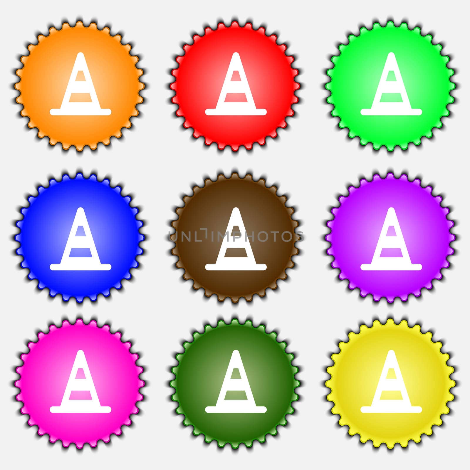 road cone icon sign. A set of nine different colored labels.  by serhii_lohvyniuk