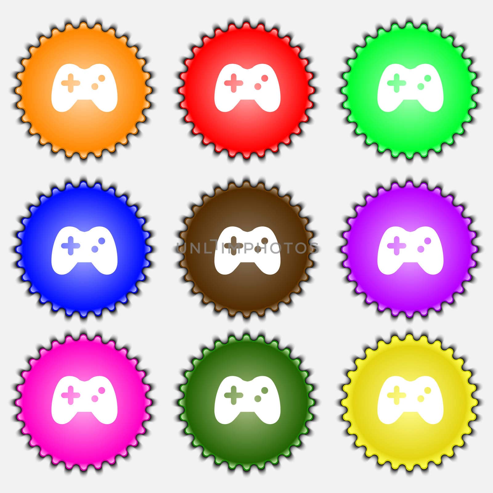 Joystick icon sign. A set of nine different colored labels. illustration