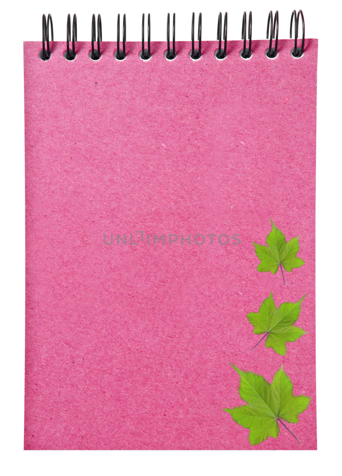 leaves on ring binder pink book isolated on white background, clipping path