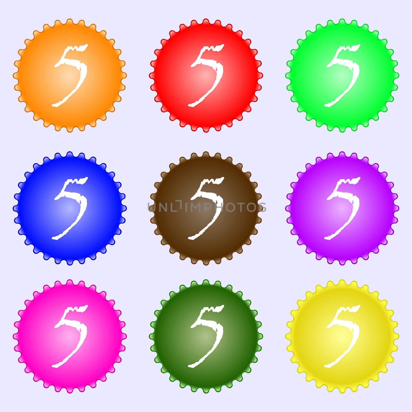 number five icon sign. A set of nine different colored labels. illustration