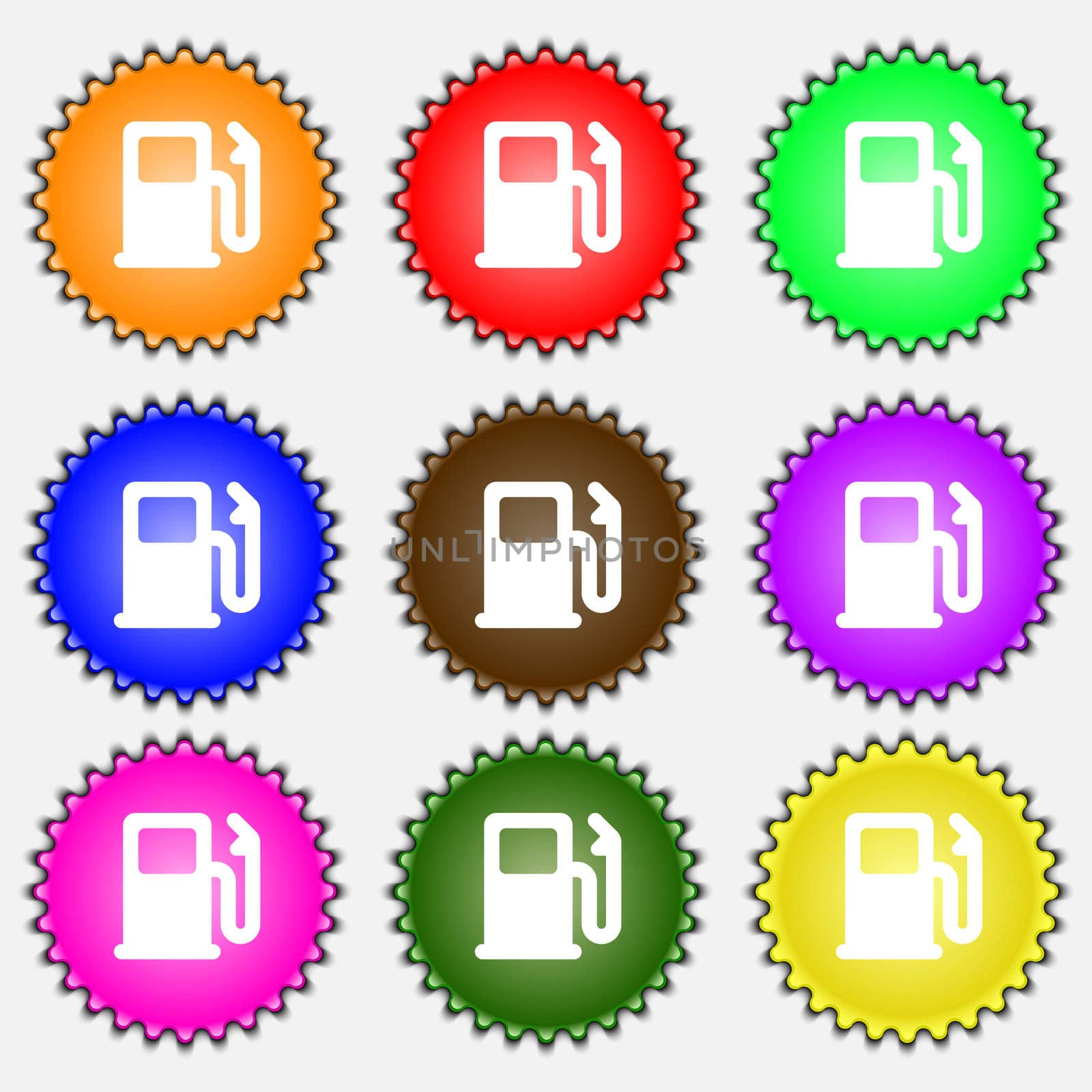 Petrol or Gas station, Car fuel icon sign. A set of nine different colored labels. illustration