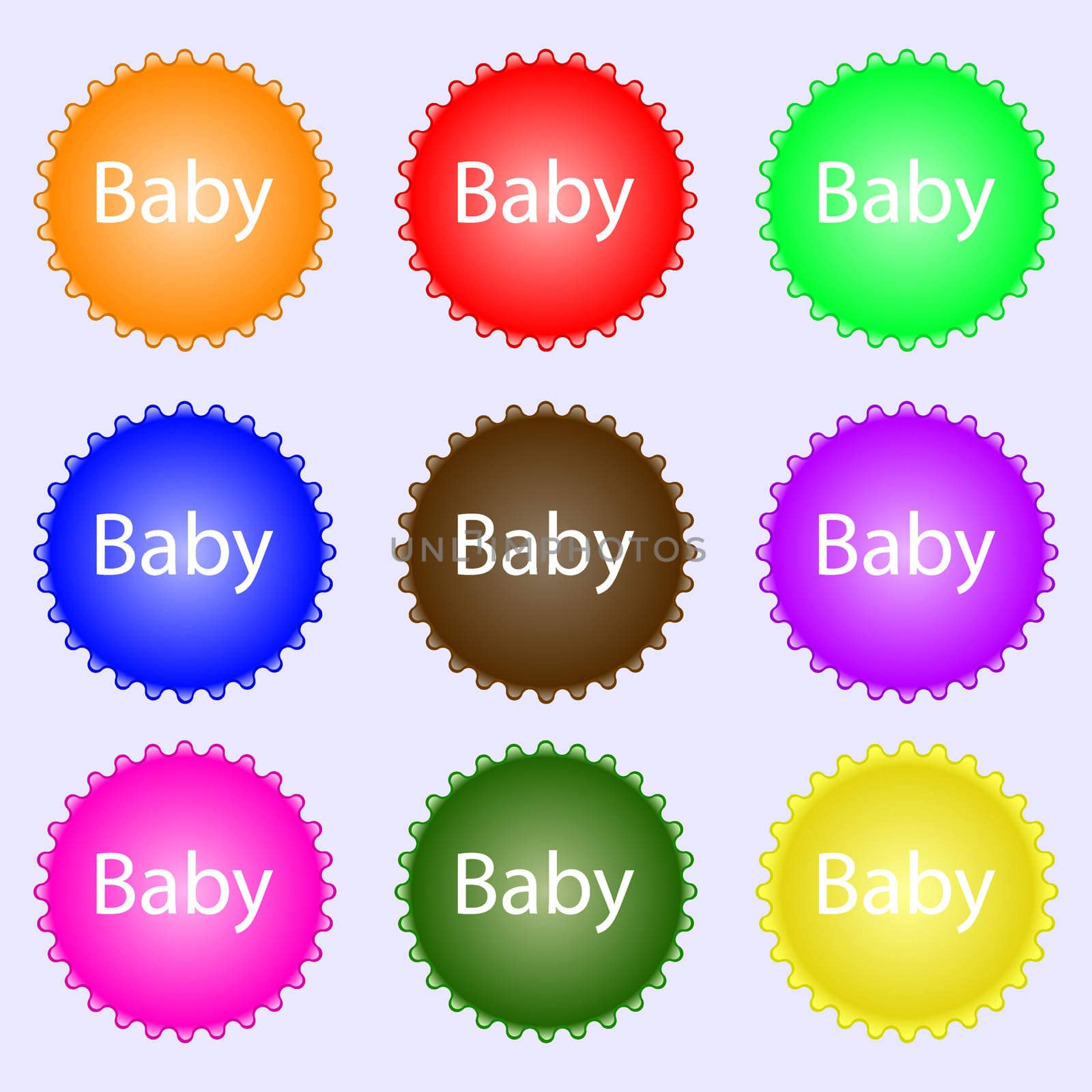 Baby on board sign icon. Infant in car caution symbol. Baby pacifier nipple. A set of nine different colored labels. illustration