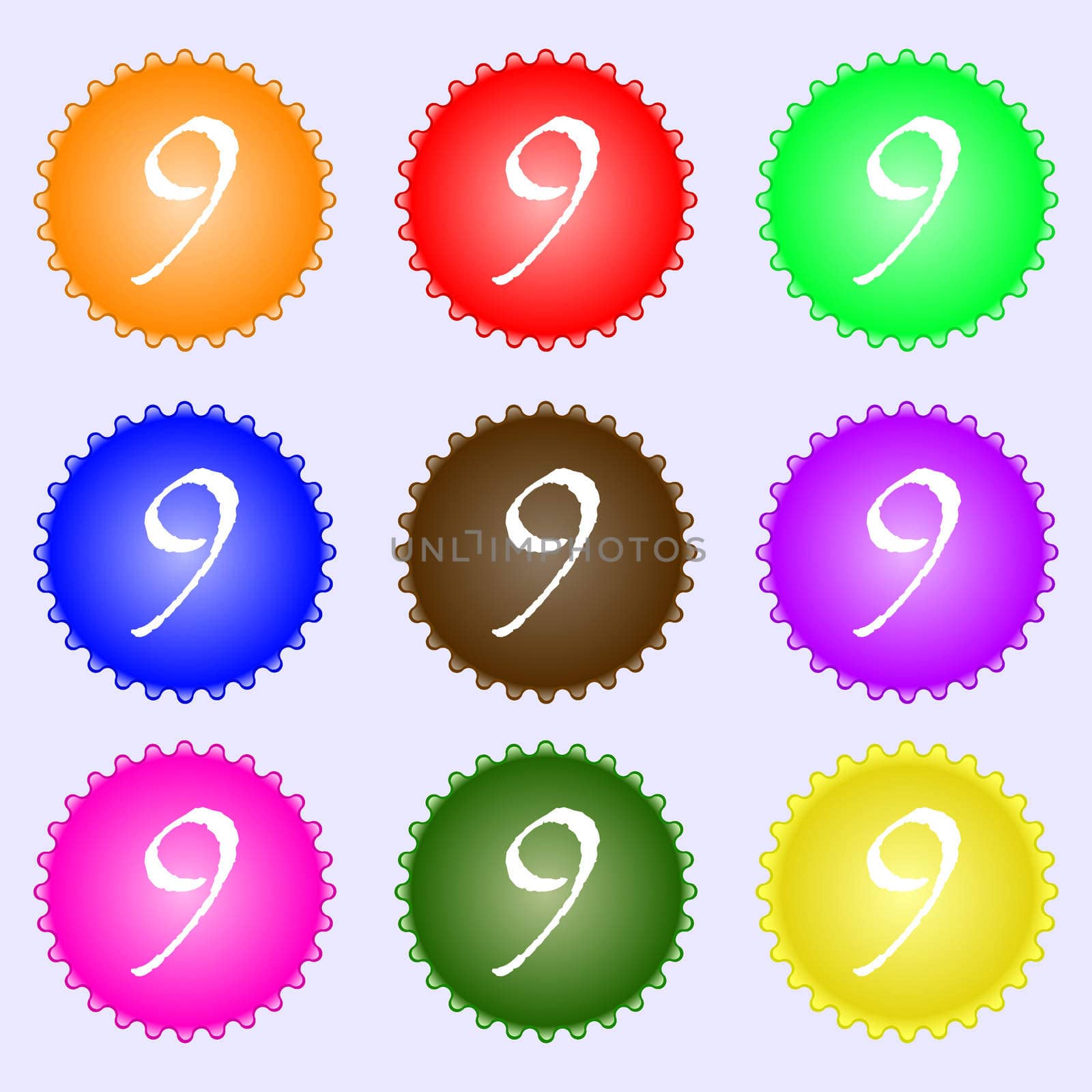 number Nine icon sign. A set of nine different colored labels. illustration