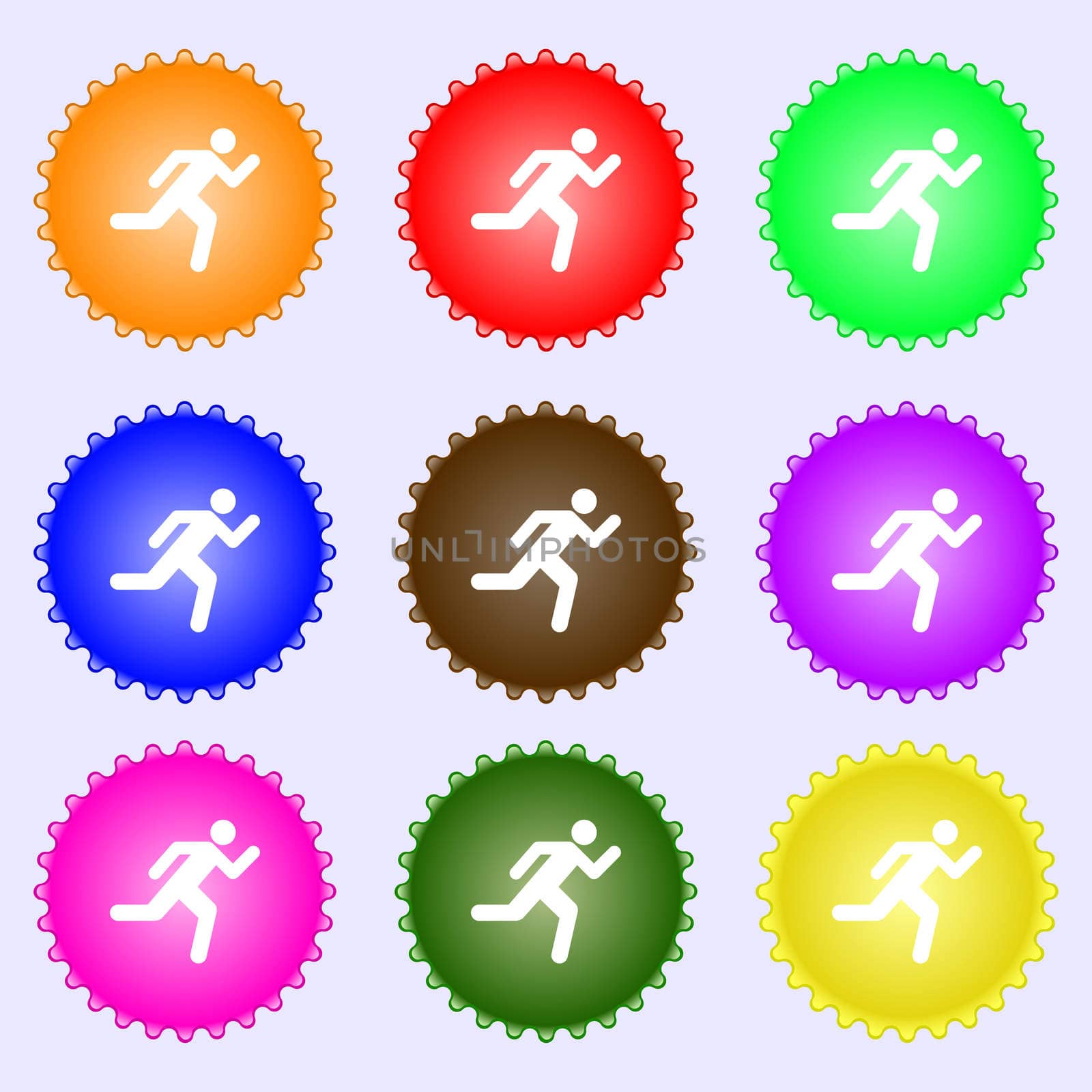 running man icon sign. A set of nine different colored labels.  by serhii_lohvyniuk
