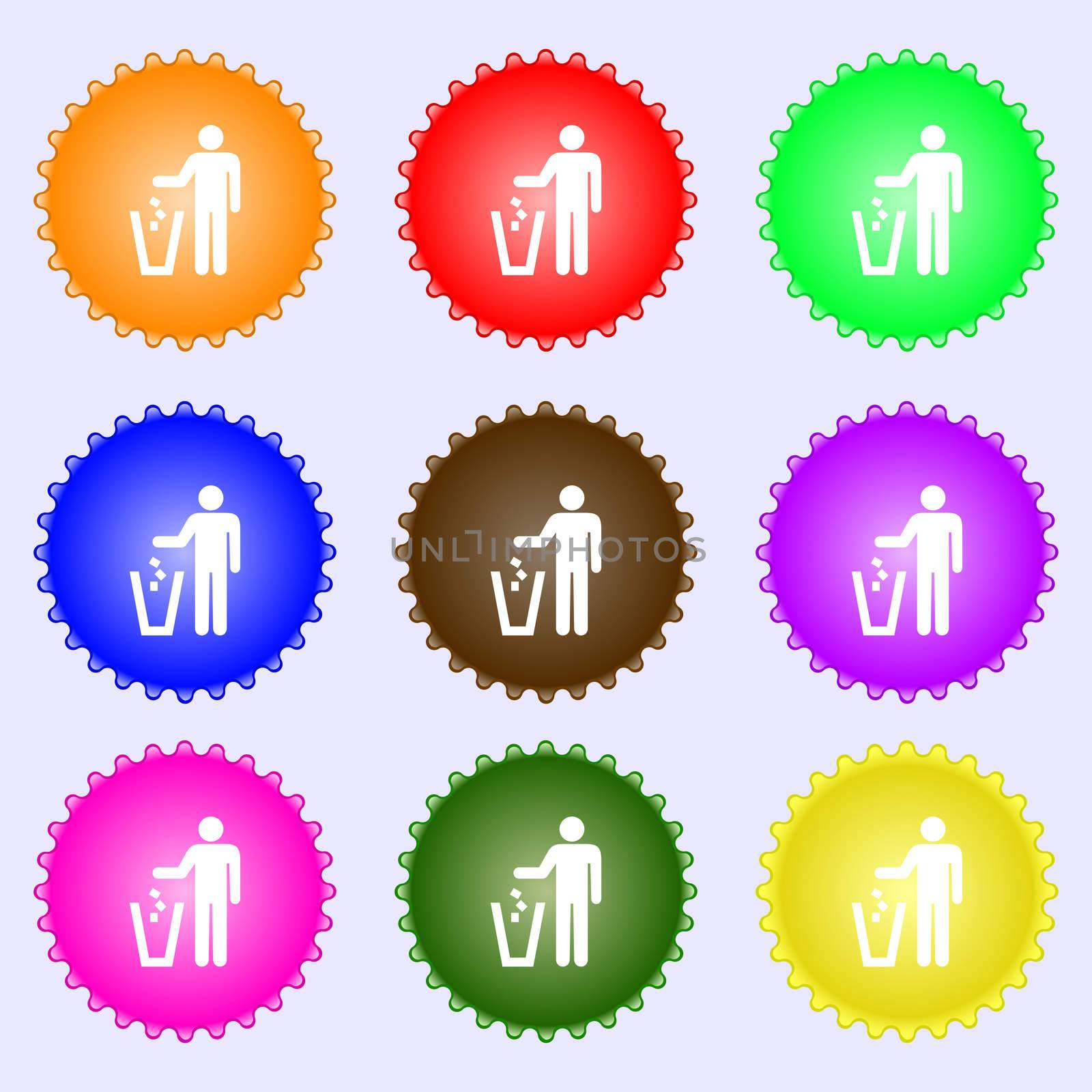 throw away the trash icon sign. A set of nine different colored labels.  by serhii_lohvyniuk