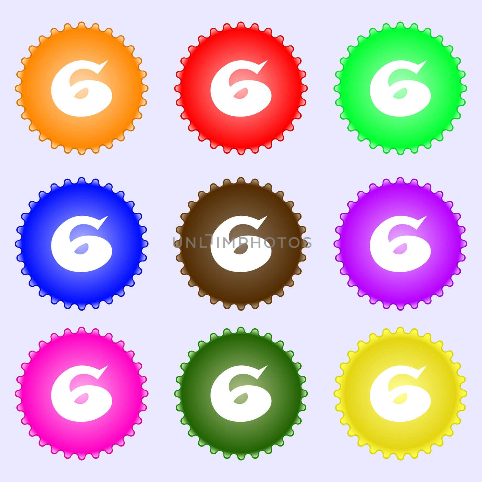 number six icon sign. A set of nine different colored labels. illustration