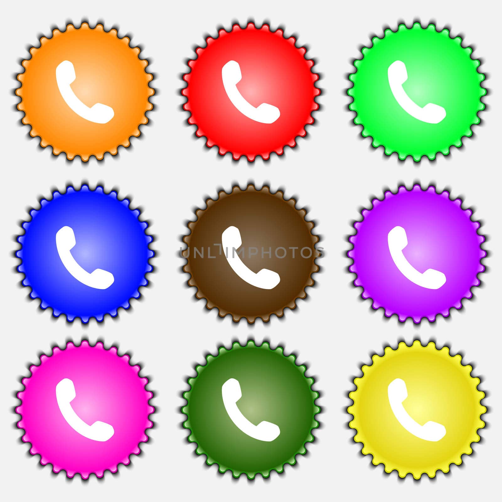 Phone, Support, Call center icon sign. A set of nine different colored labels.  by serhii_lohvyniuk