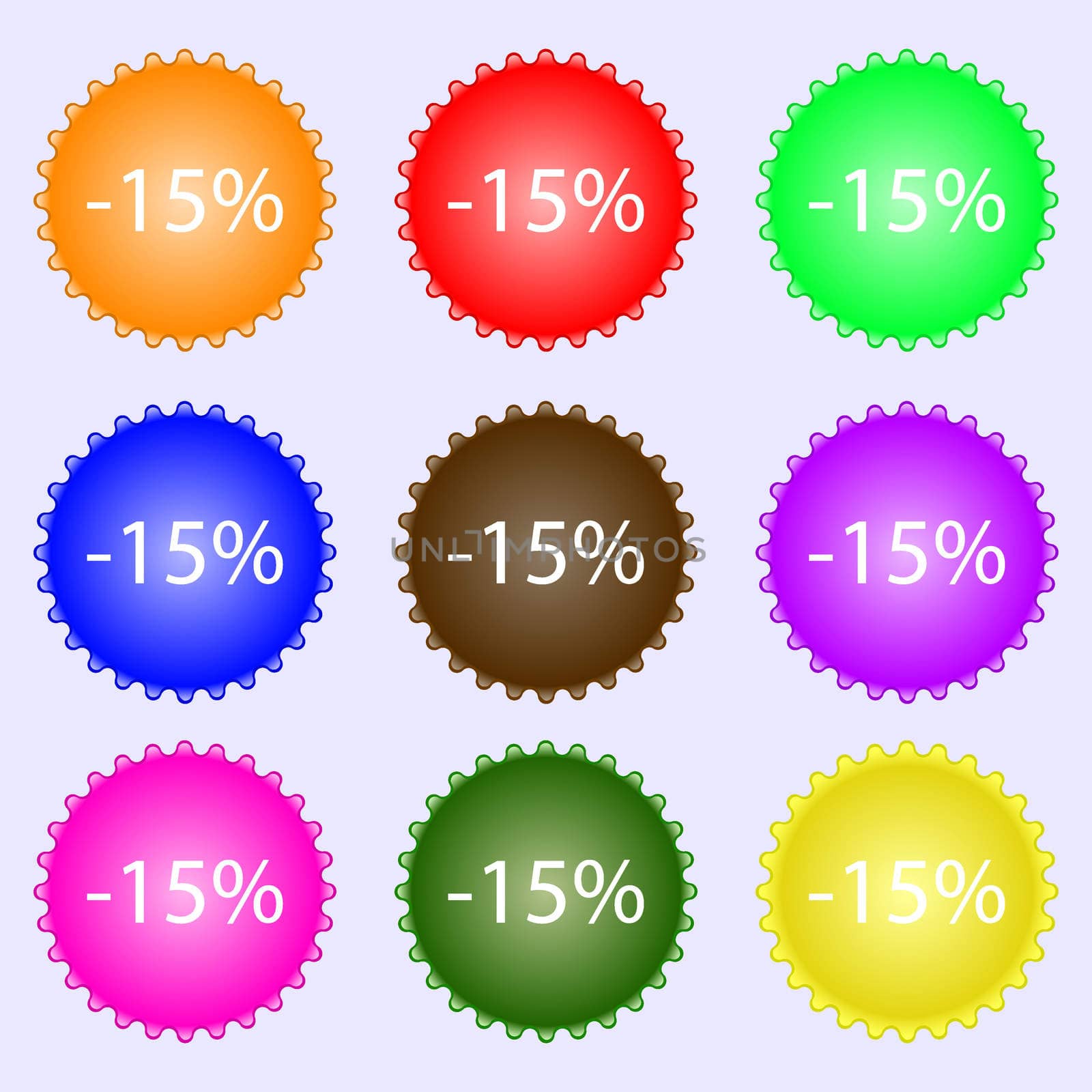 15 percent discount sign icon. Sale symbol. Special offer label. A set of nine different colored labels. illustration