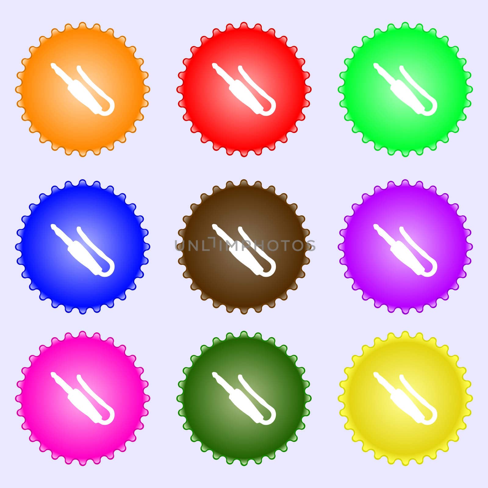 plug, mini jack icon sign. A set of nine different colored labels. illustration