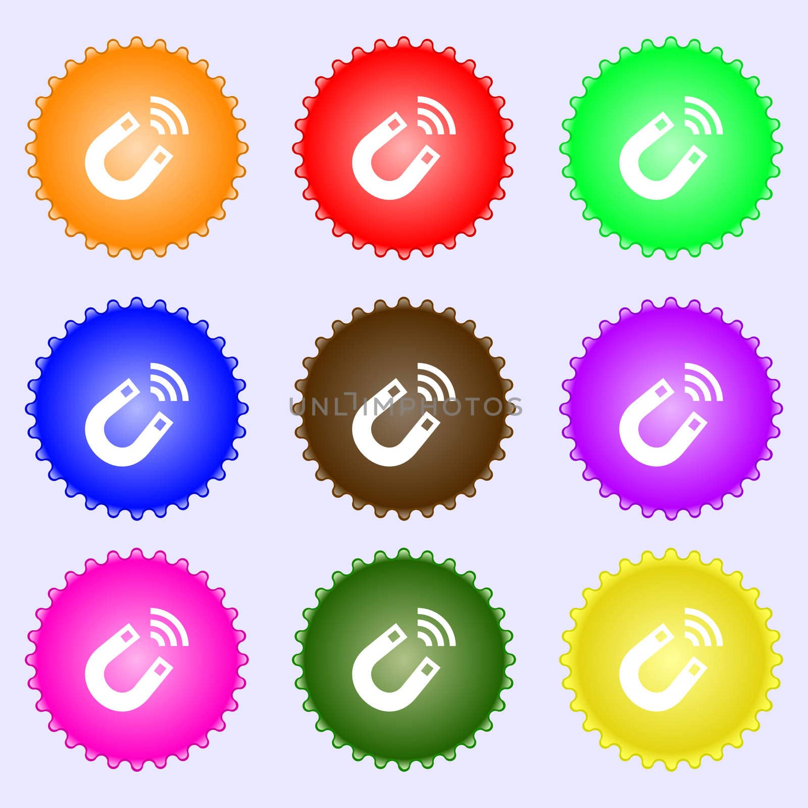 Magnet icon sign. A set of nine different colored labels.  by serhii_lohvyniuk