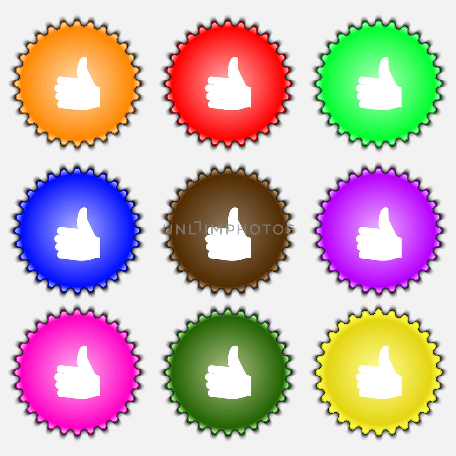 Like, Thumb up icon sign. A set of nine different colored labels.  by serhii_lohvyniuk