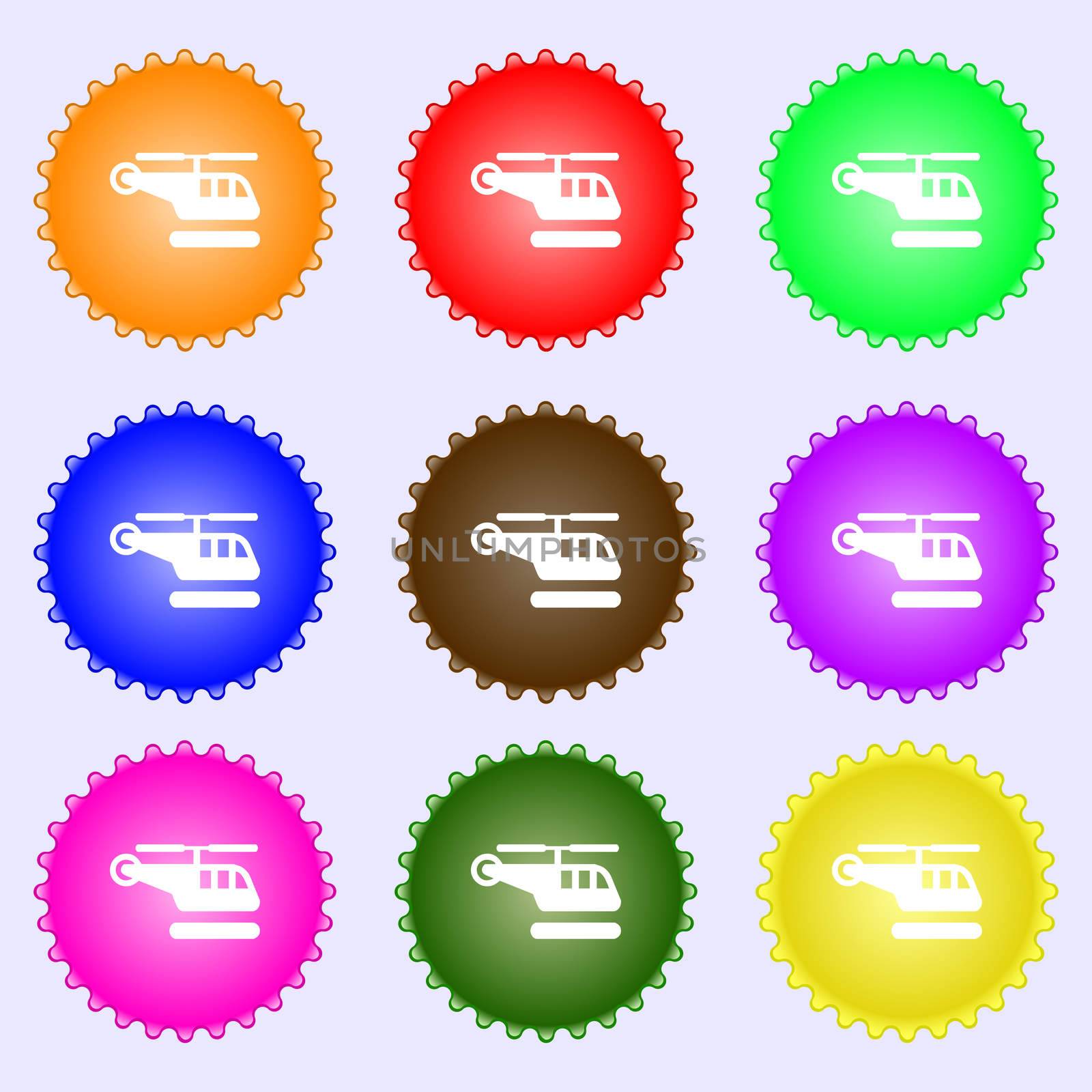 helicopter icon sign. A set of nine different colored labels.  by serhii_lohvyniuk