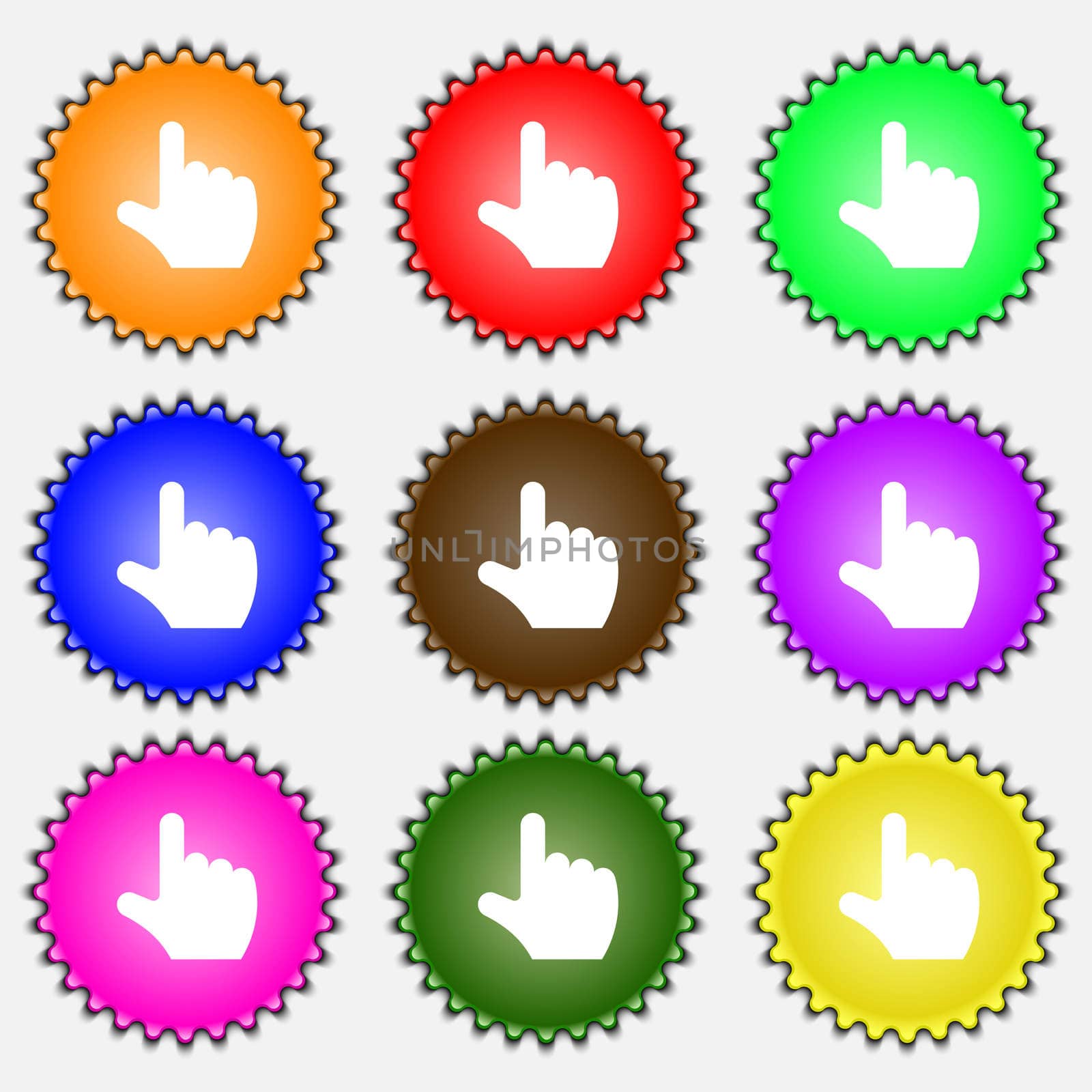 pointing hand icon sign. A set of nine different colored labels.  by serhii_lohvyniuk