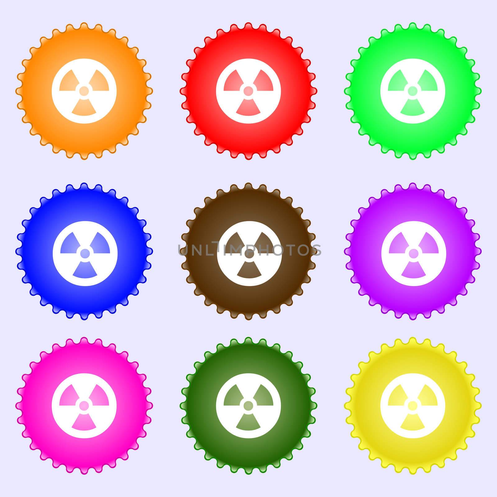 radiation icon sign. A set of nine different colored labels.  by serhii_lohvyniuk