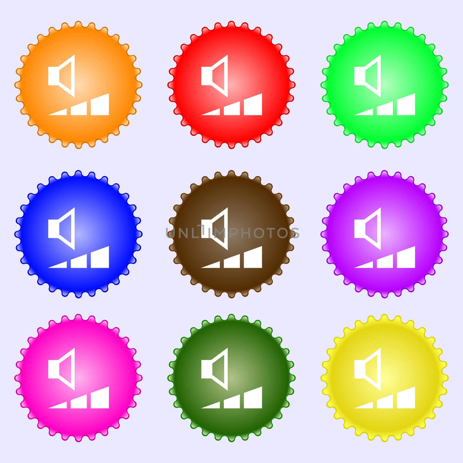 volume, sound icon sign. A set of nine different colored labels.  by serhii_lohvyniuk