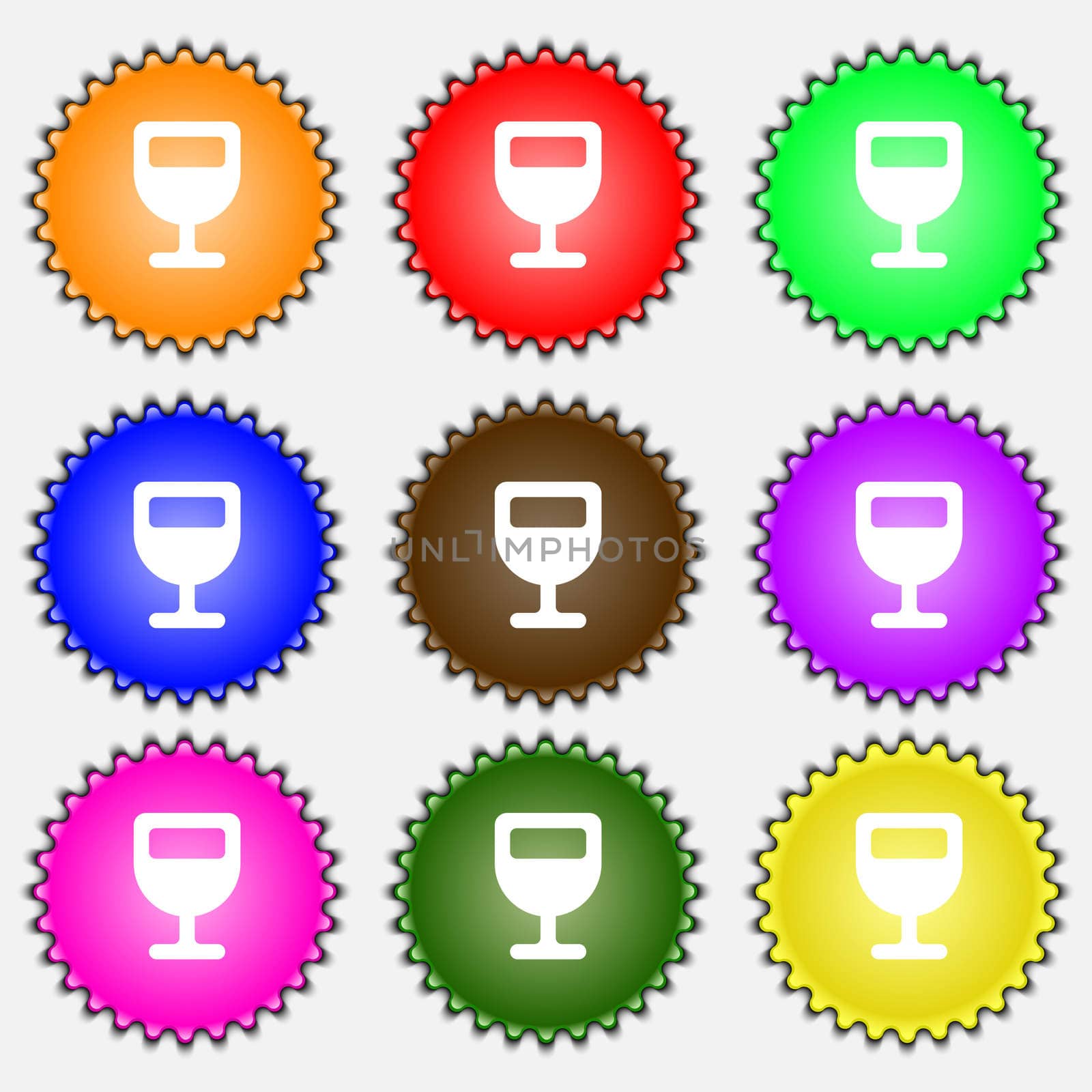 Wine glass, Alcohol drink icon sign. A set of nine different colored labels. illustration