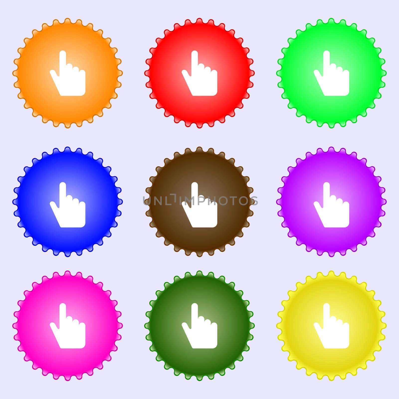 cursor icon sign. A set of nine different colored labels. illustration