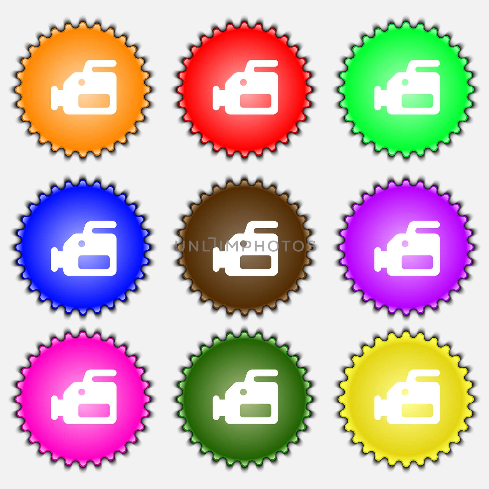 video camera icon sign. A set of nine different colored labels.  by serhii_lohvyniuk