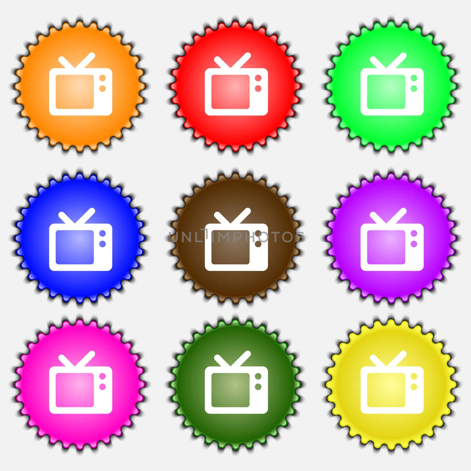 Retro TV icon sign. A set of nine different colored labels. illustration