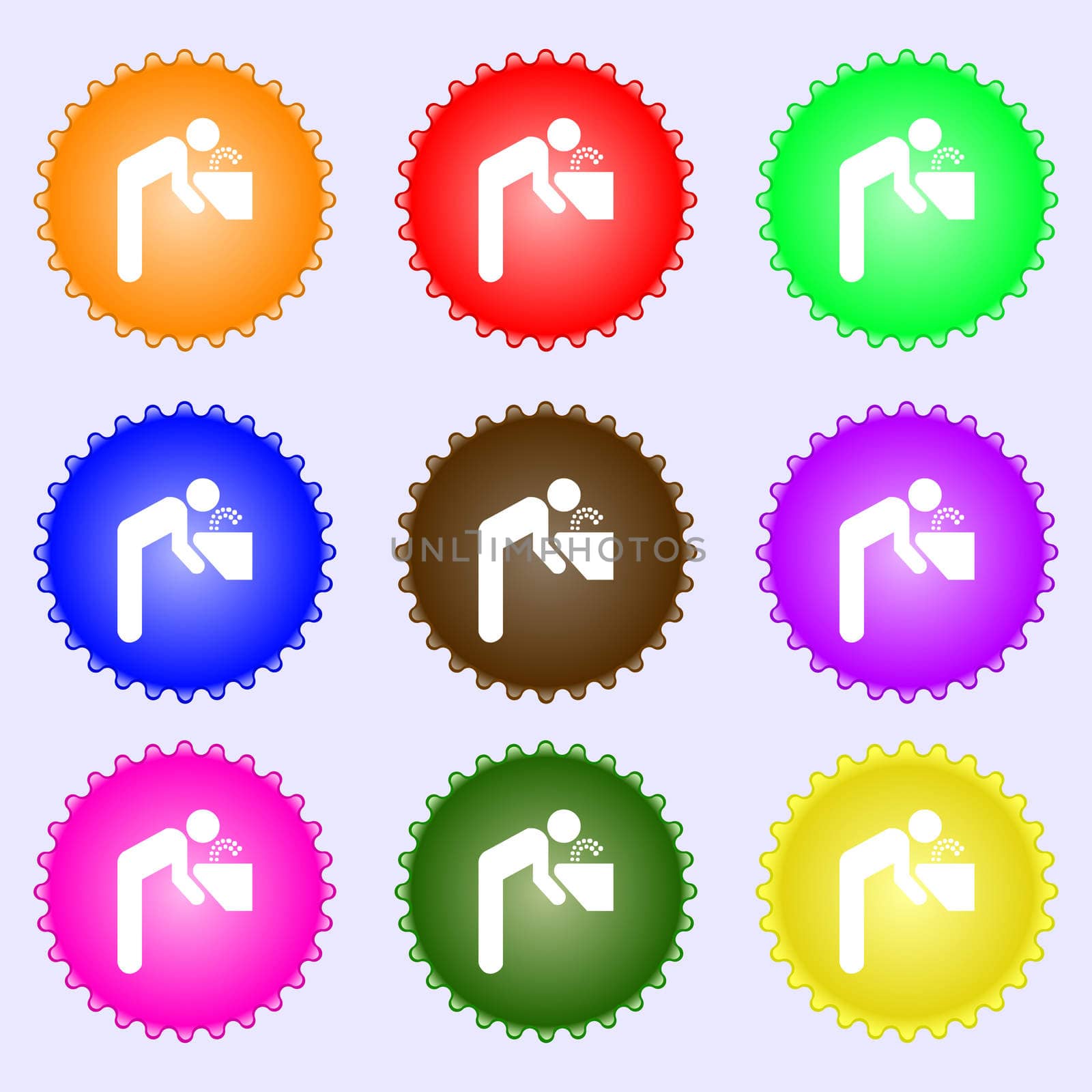 drinking fountain icon sign. A set of nine different colored labels.  by serhii_lohvyniuk