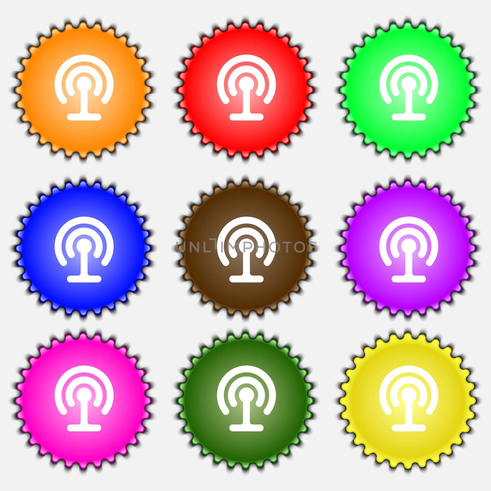 Wifi icon sign. A set of nine different colored labels. illustration
