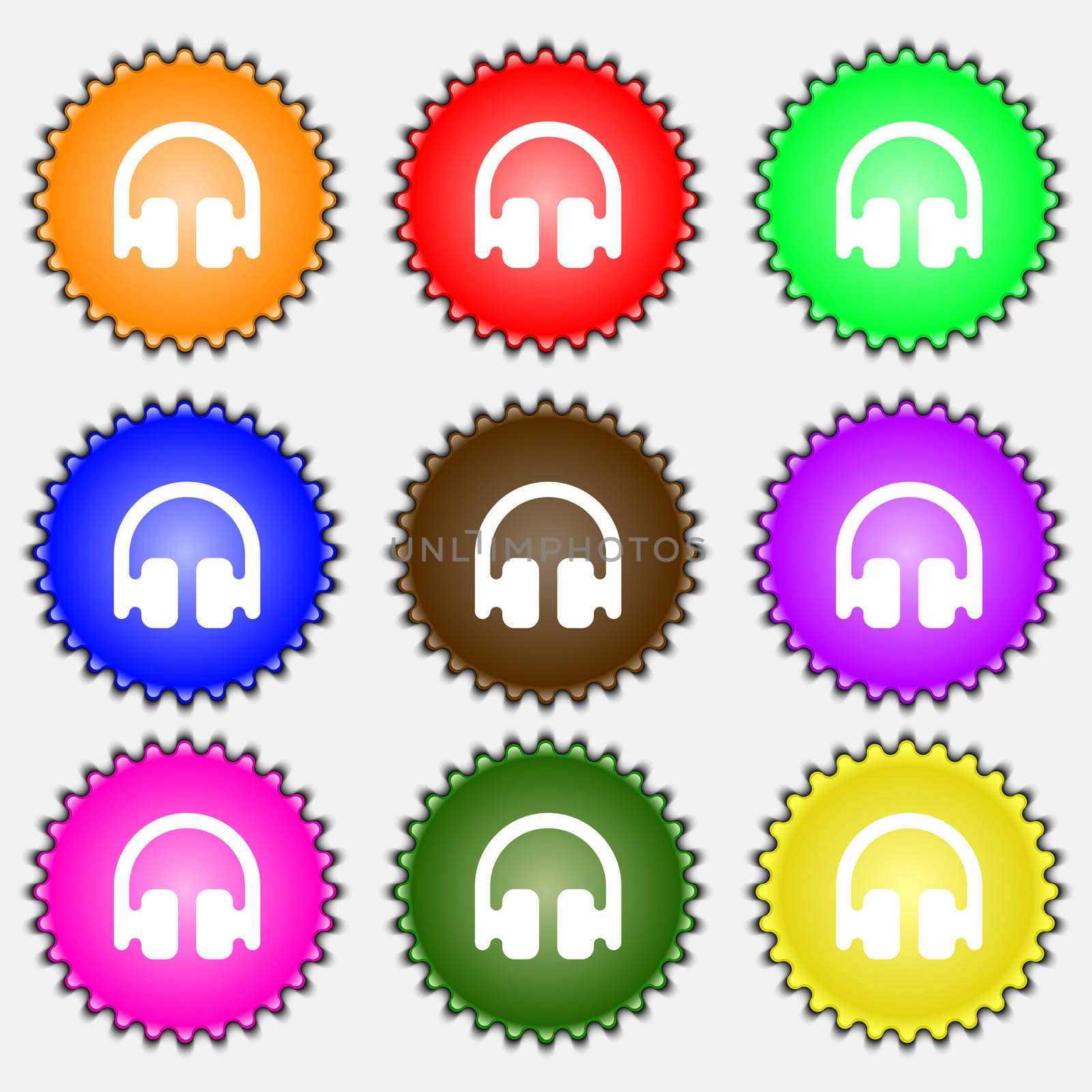 Headphones, Earphones icon sign. A set of nine different colored labels. illustration