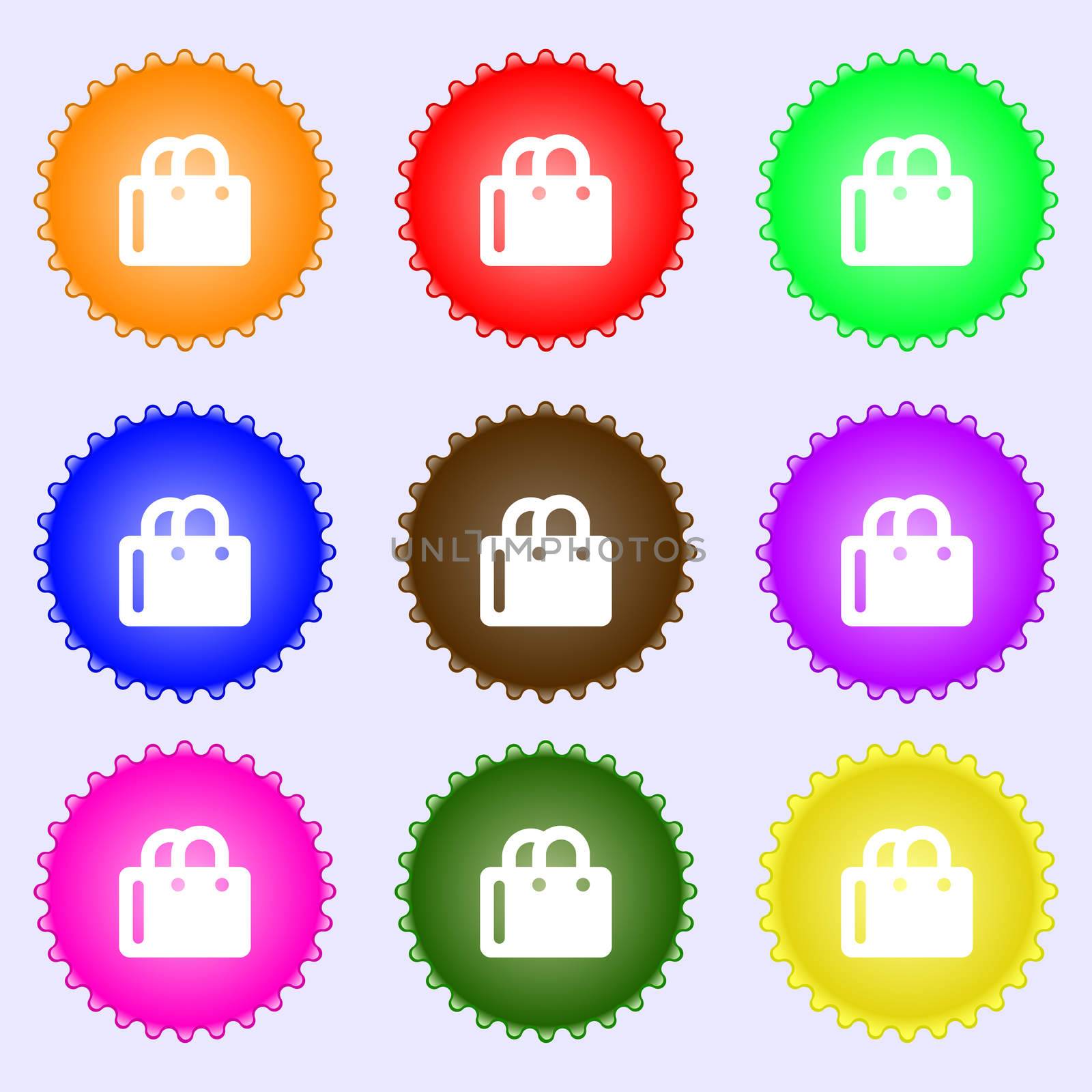 shopping bag icon sign. A set of nine different colored labels. illustration