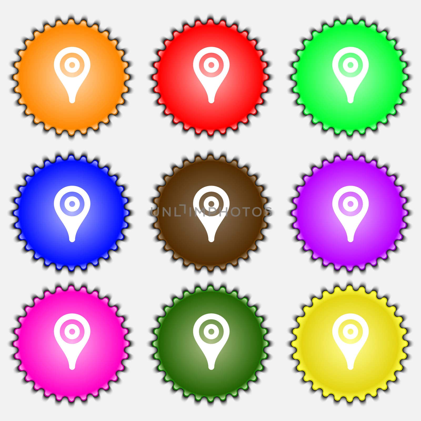 Map pointer, GPS location icon sign. A set of nine different colored labels.  by serhii_lohvyniuk
