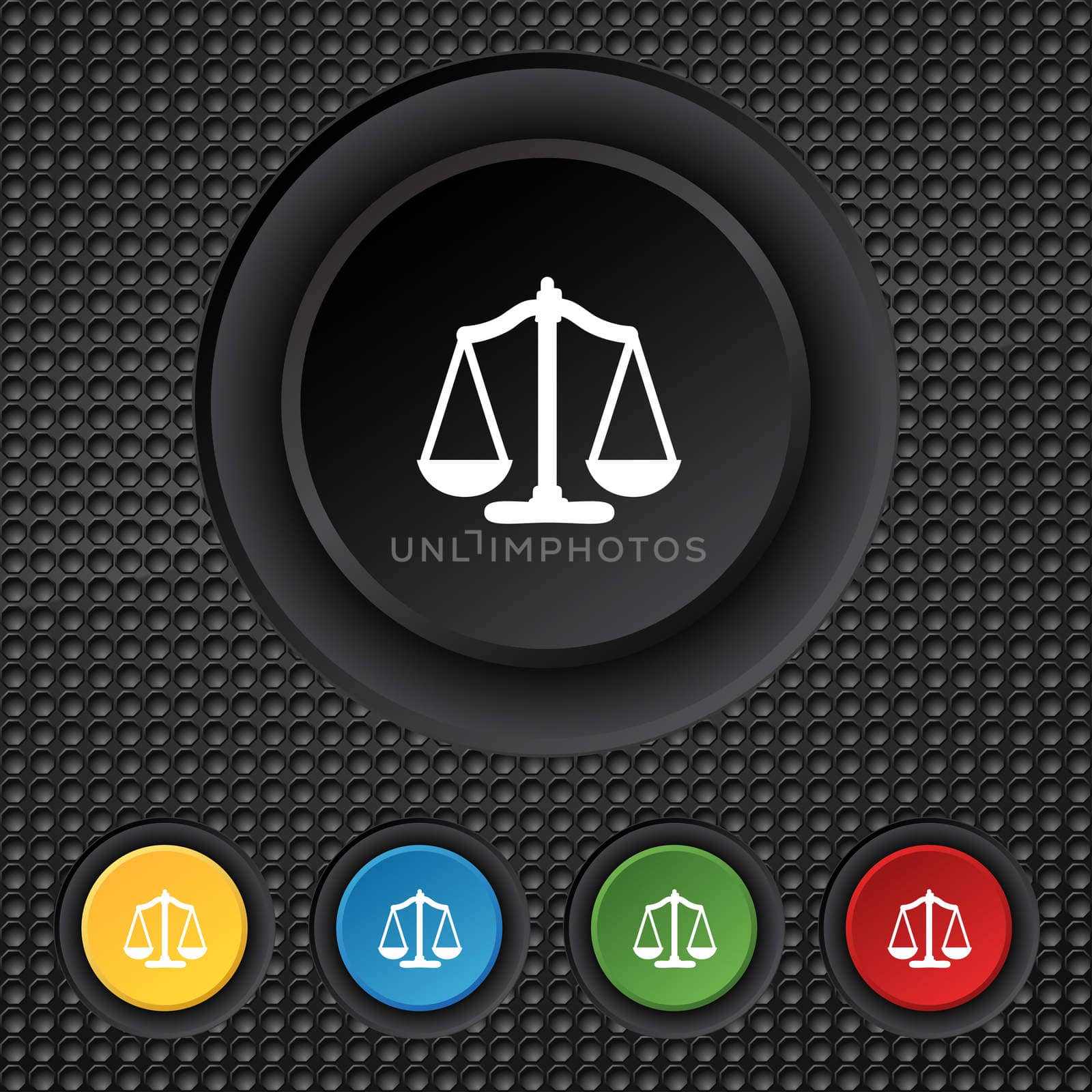 Scales of Justice sign icon. Court law symbol. Set colourful buttons.  by serhii_lohvyniuk