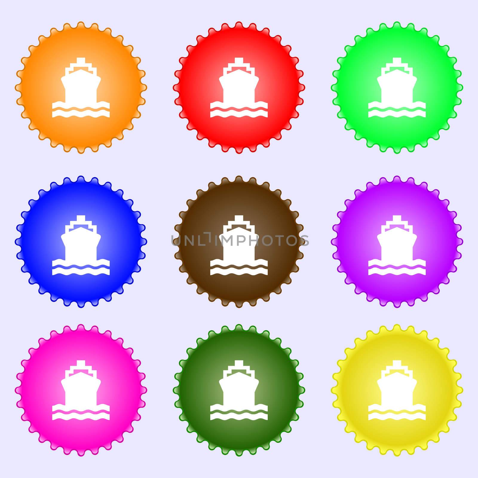 ship icon sign. A set of nine different colored labels. illustration