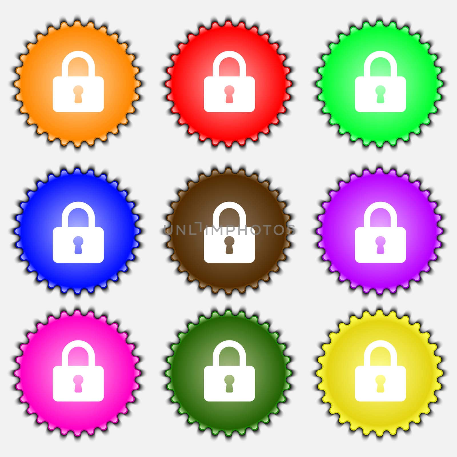 Pad Lock icon sign. A set of nine different colored labels.  by serhii_lohvyniuk