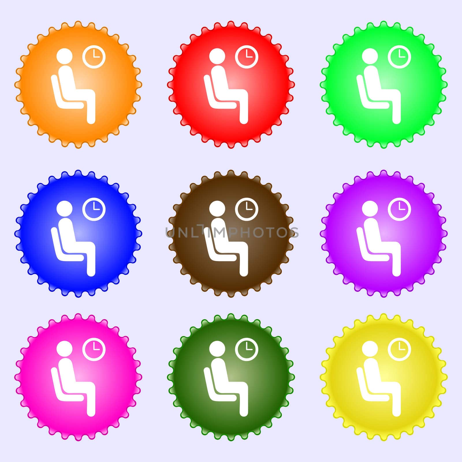waiting icon sign. A set of nine different colored labels.  by serhii_lohvyniuk