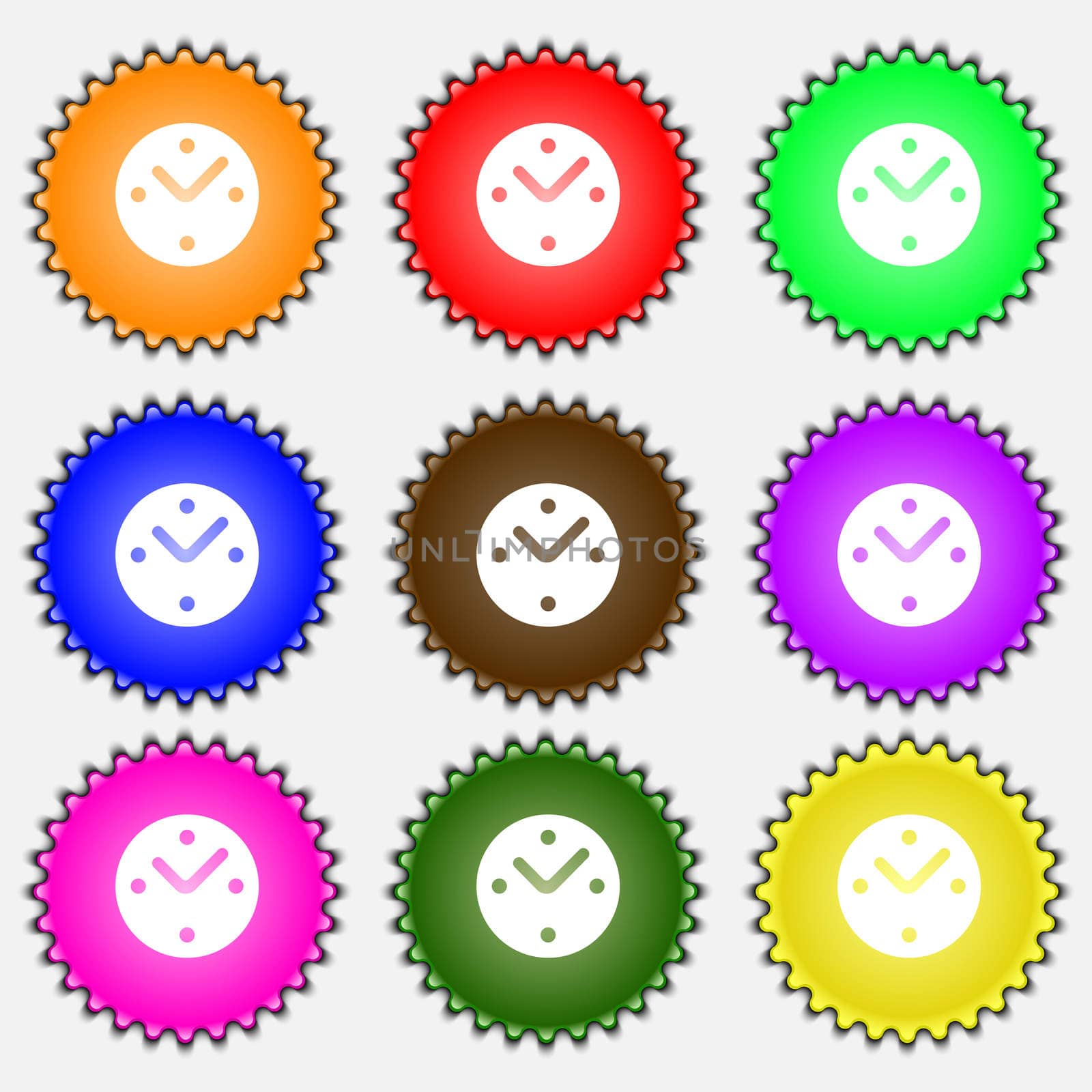 Mechanical Clock icon sign. A set of nine different colored labels. illustration