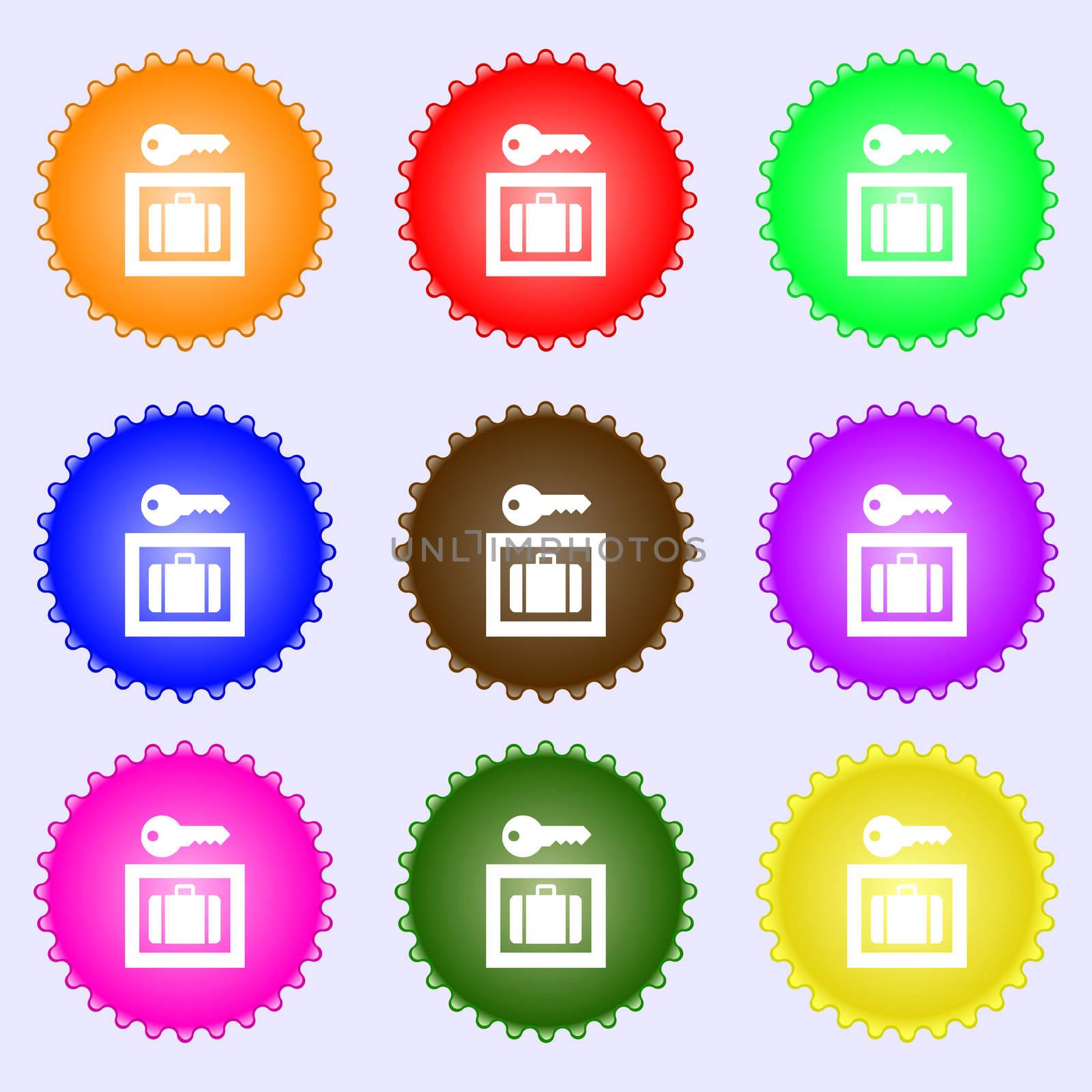 Luggage Storage icon sign. A set of nine different colored labels.  by serhii_lohvyniuk