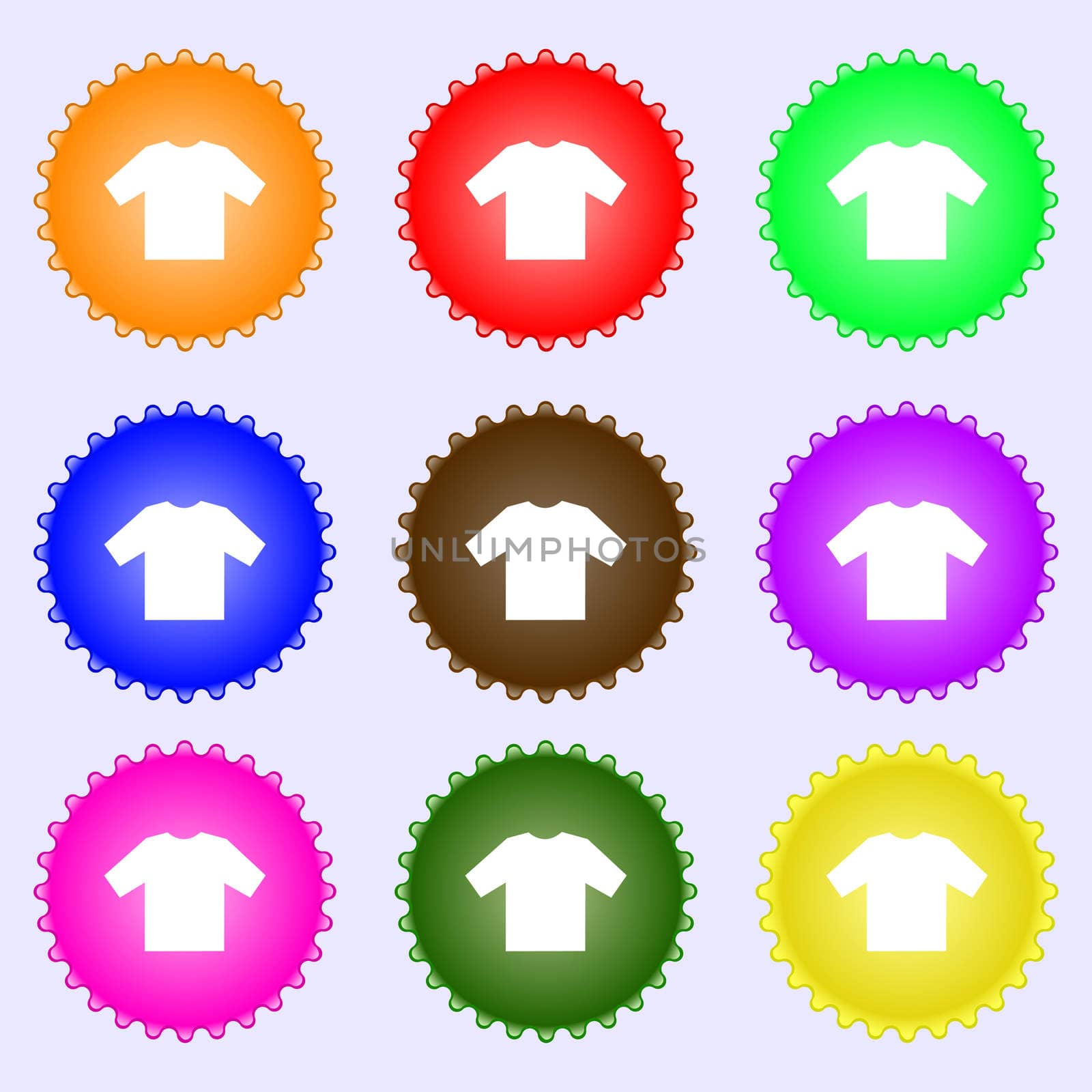 t-shirt icon sign. A set of nine different colored labels. illustration