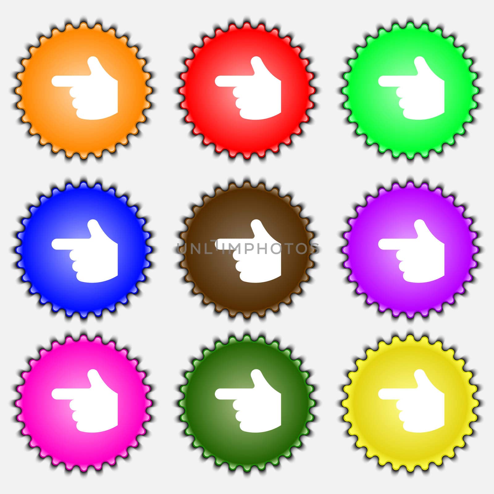 pointing hand icon sign. A set of nine different colored labels.  by serhii_lohvyniuk