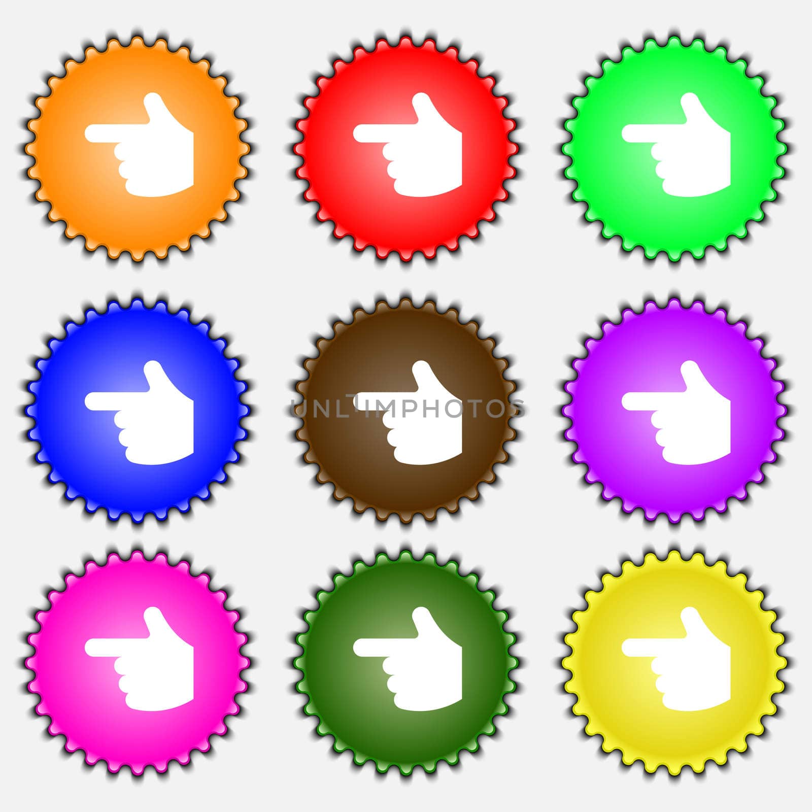 pointing hand icon sign. A set of nine different colored labels. illustration