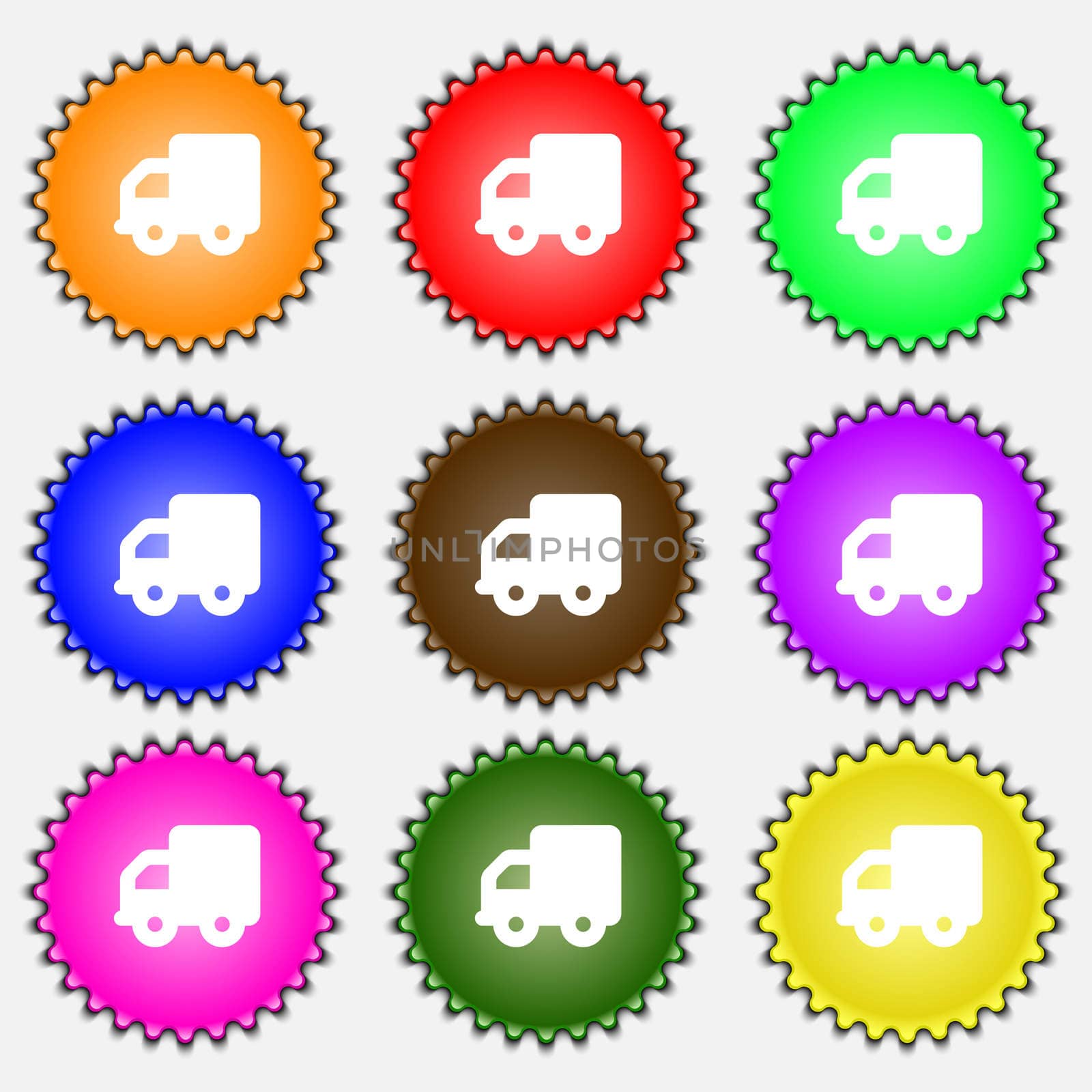 Delivery truck icon sign. A set of nine different colored labels.  by serhii_lohvyniuk