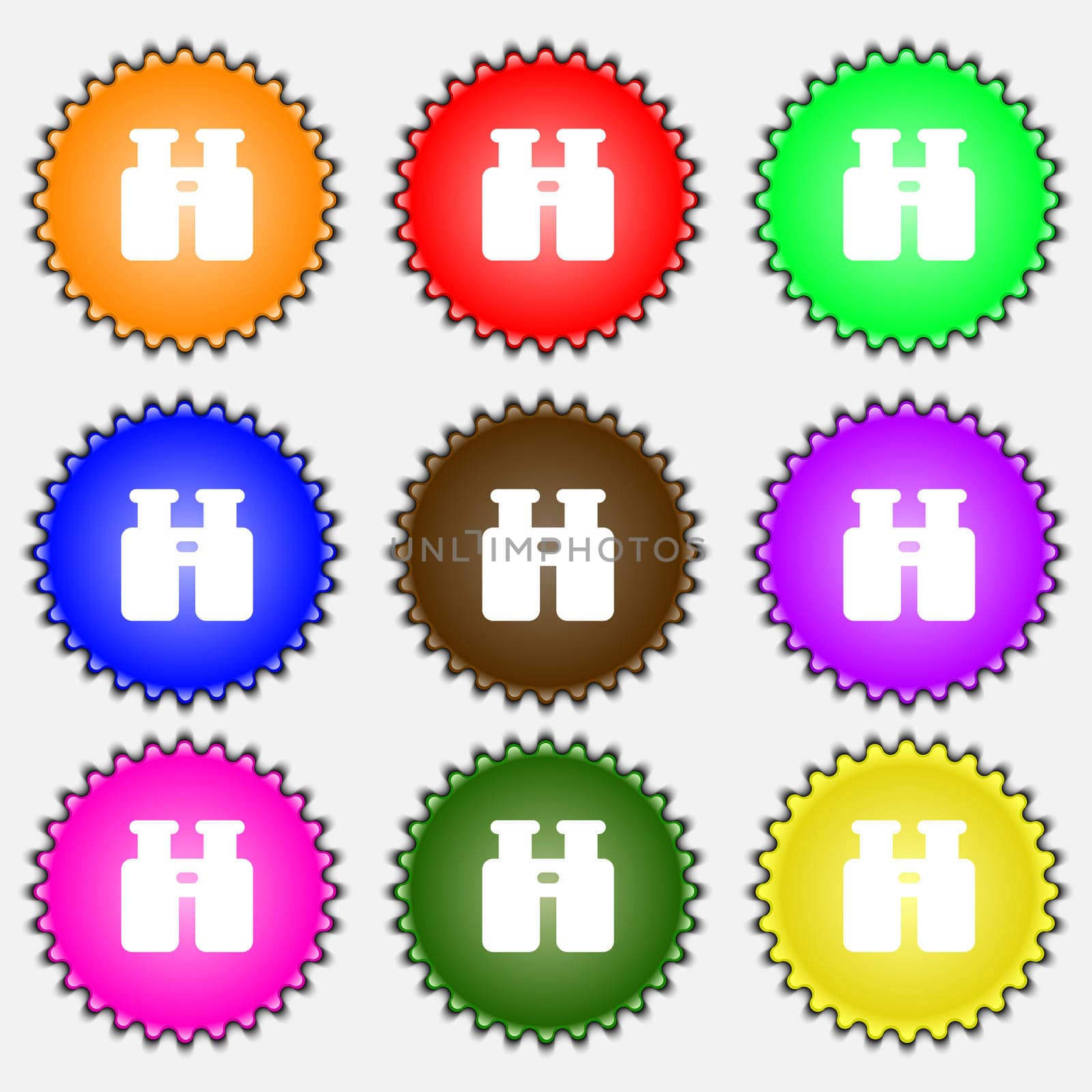 Binocular, Search, Find information icon sign. A set of nine different colored labels. illustration