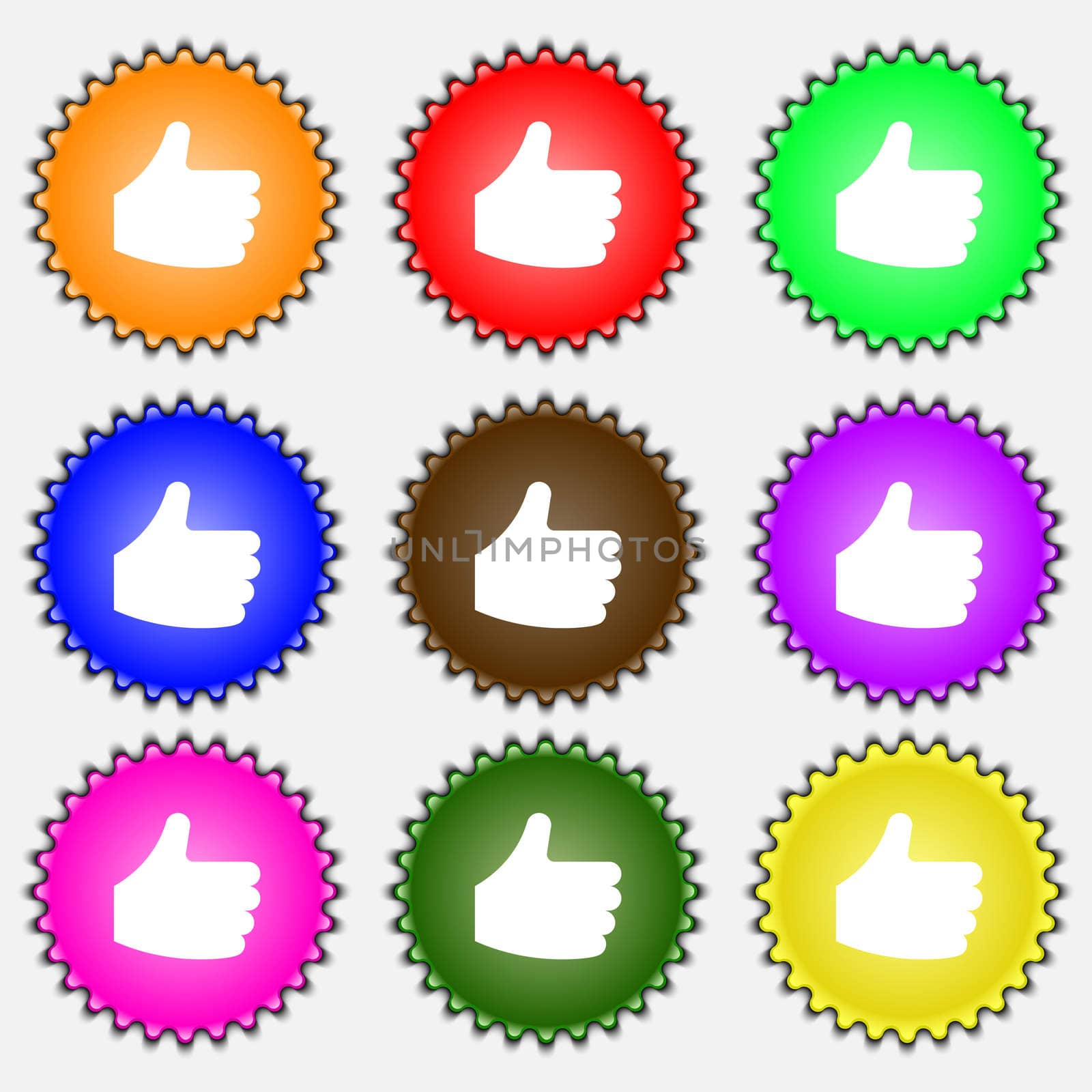 Like, Thumb up icon sign. A set of nine different colored labels.  by serhii_lohvyniuk