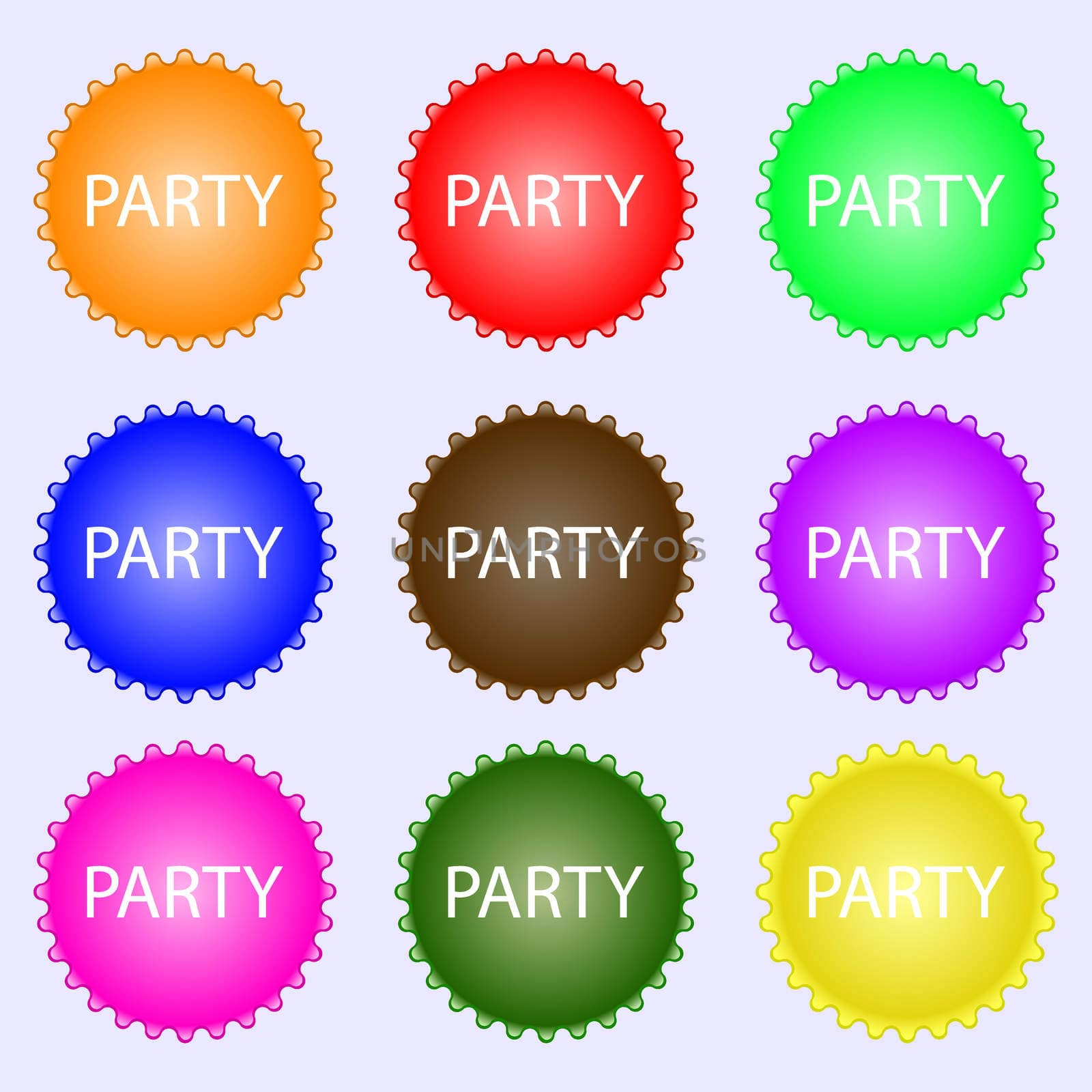Party sign icon. Birthday air balloon with rope or ribbon symbol. A set of nine different colored labels. illustration