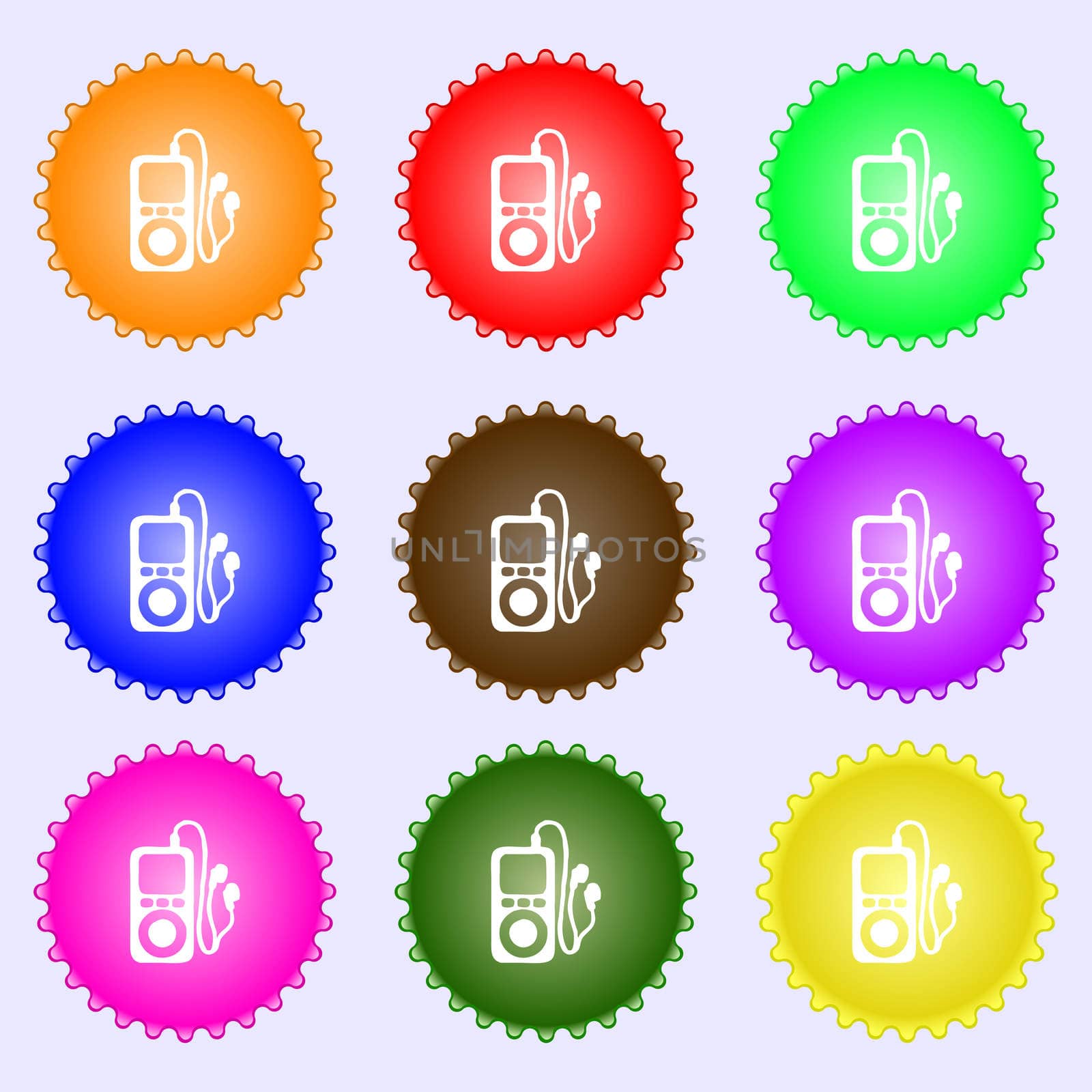 MP3 player, headphones, music icon sign. A set of nine different colored labels. illustration