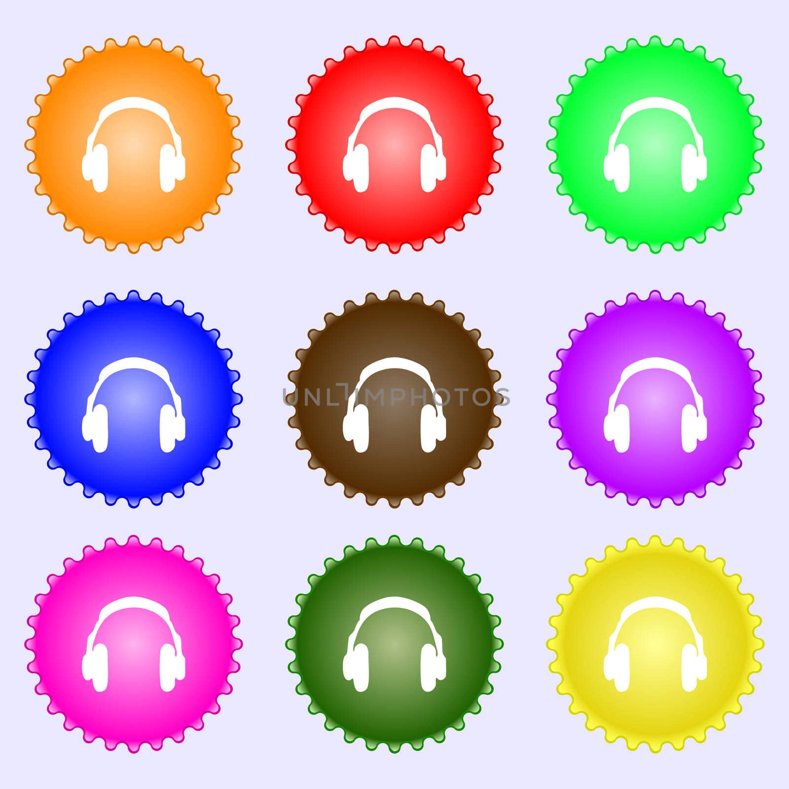 headsets icon sign. A set of nine different colored labels.  by serhii_lohvyniuk