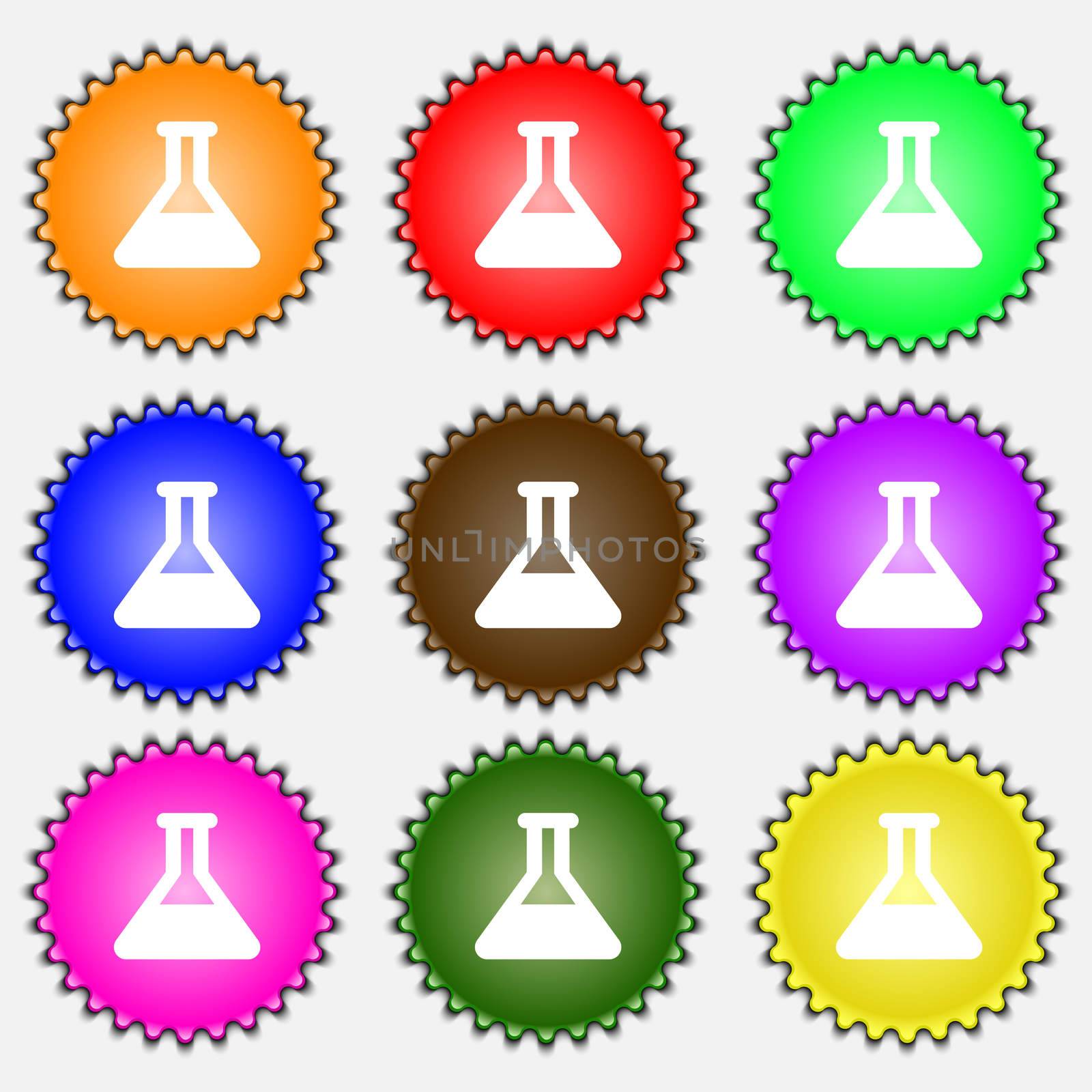 Conical Flask icon sign. A set of nine different colored labels.  by serhii_lohvyniuk
