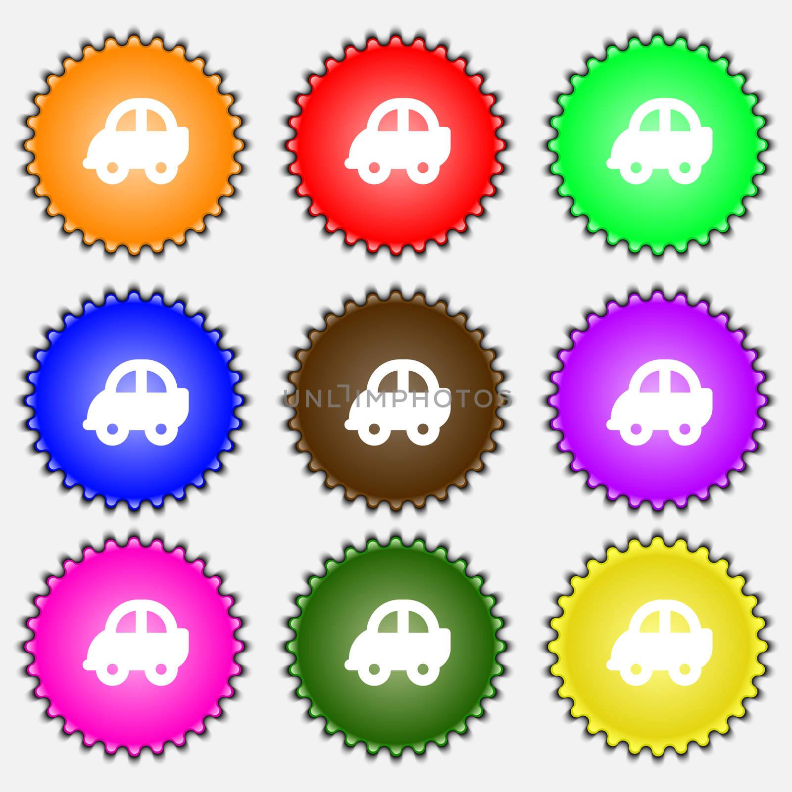 Auto icon sign. A set of nine different colored labels. illustration