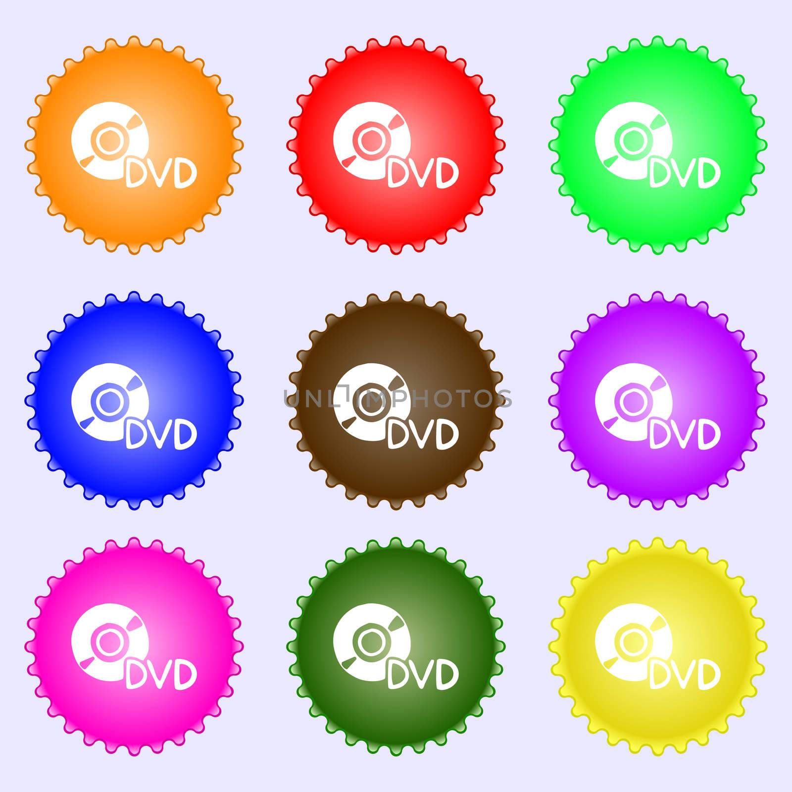 dvd icon sign. A set of nine different colored labels. illustration