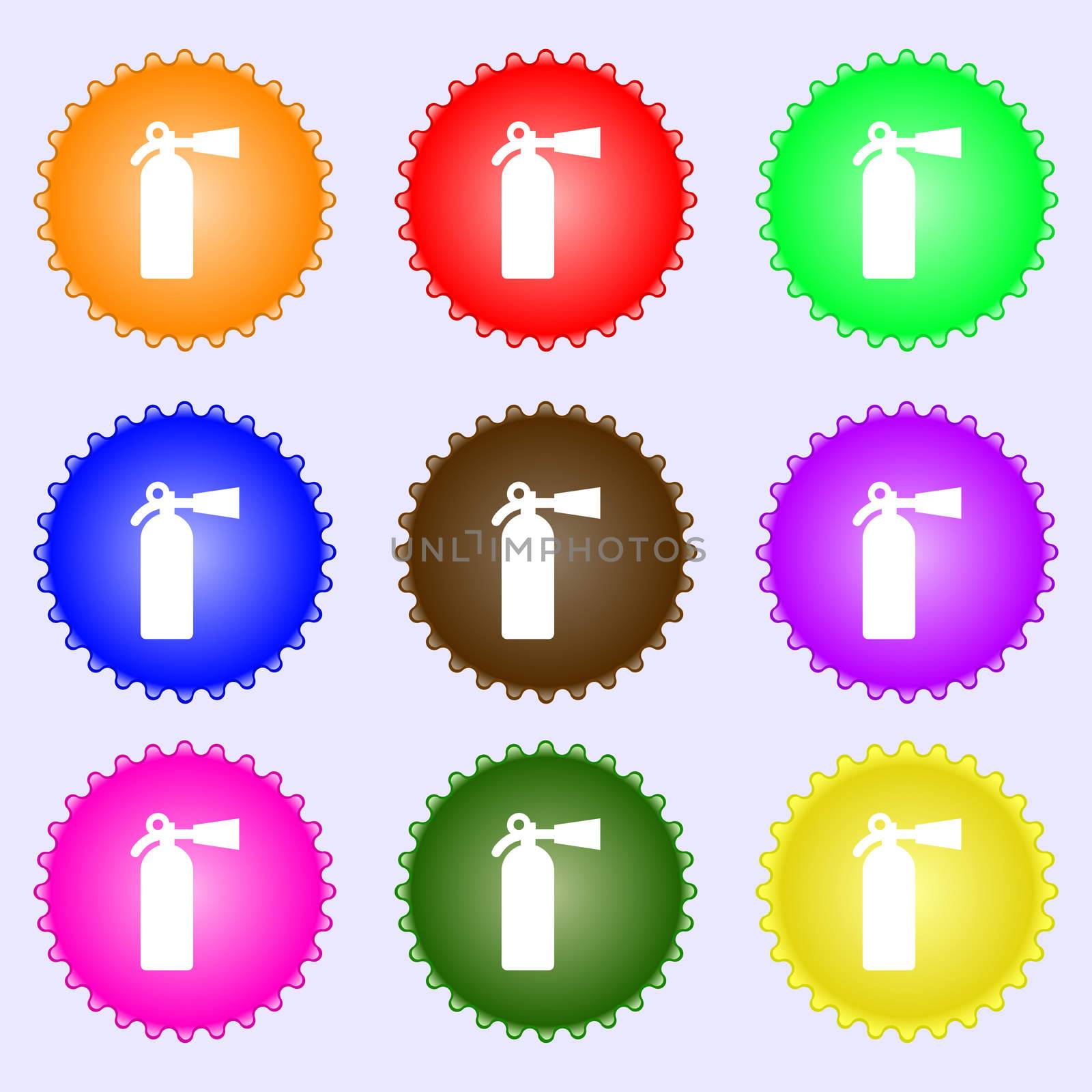 fire extinguisher icon sign. A set of nine different colored labels. illustration