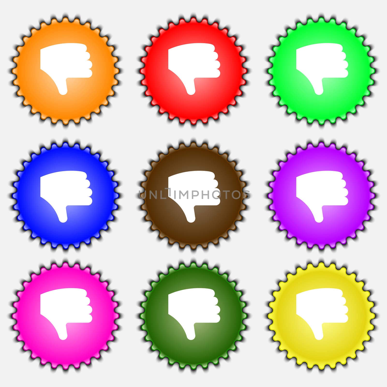 Dislike, Thumb down, Hand finger down icon sign. A set of nine different colored labels.  by serhii_lohvyniuk