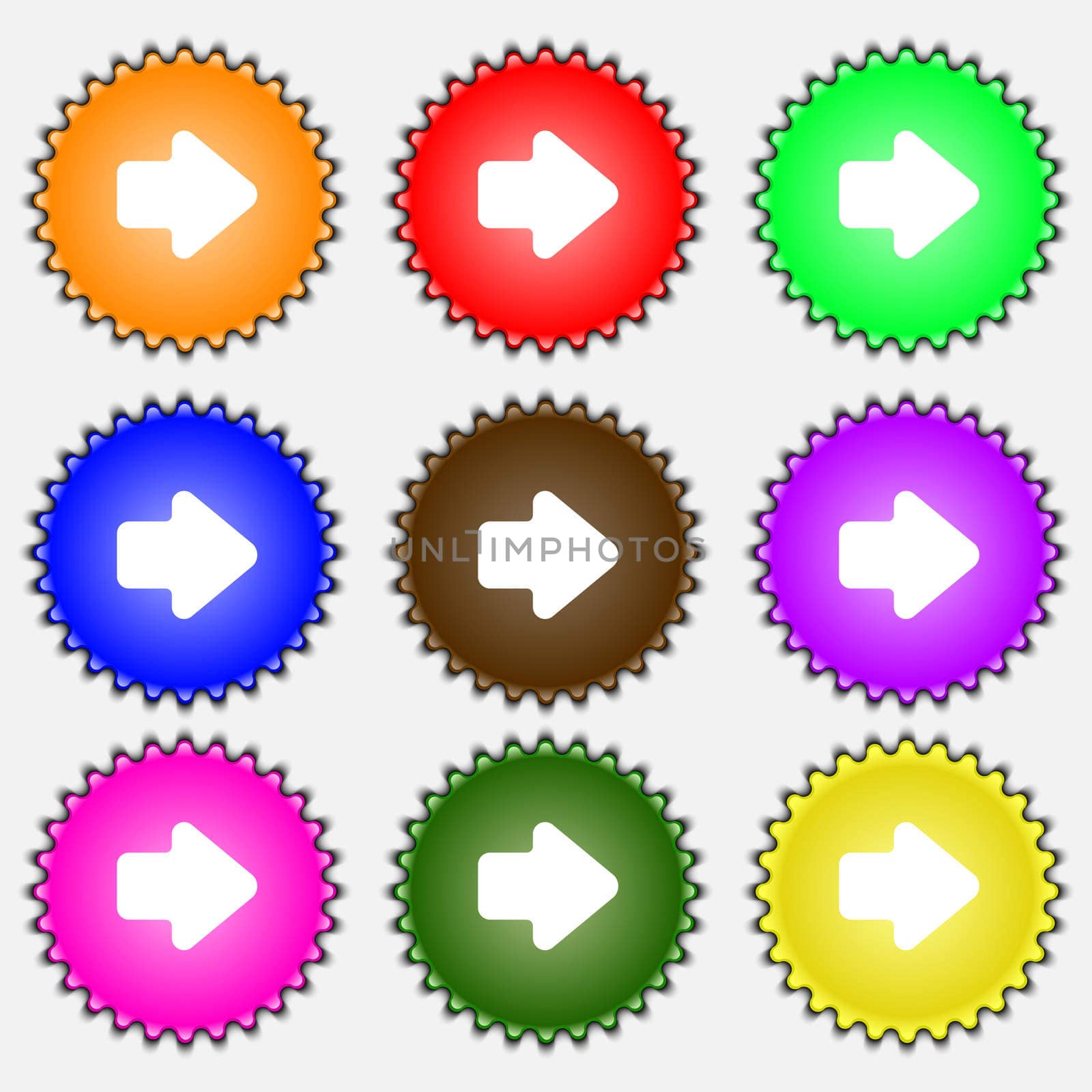 Arrow right, Next icon sign. A set of nine different colored labels.  by serhii_lohvyniuk