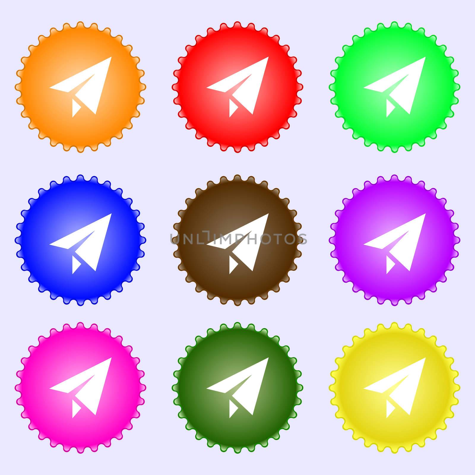 Paper airplane icon sign. A set of nine different colored labels.  by serhii_lohvyniuk